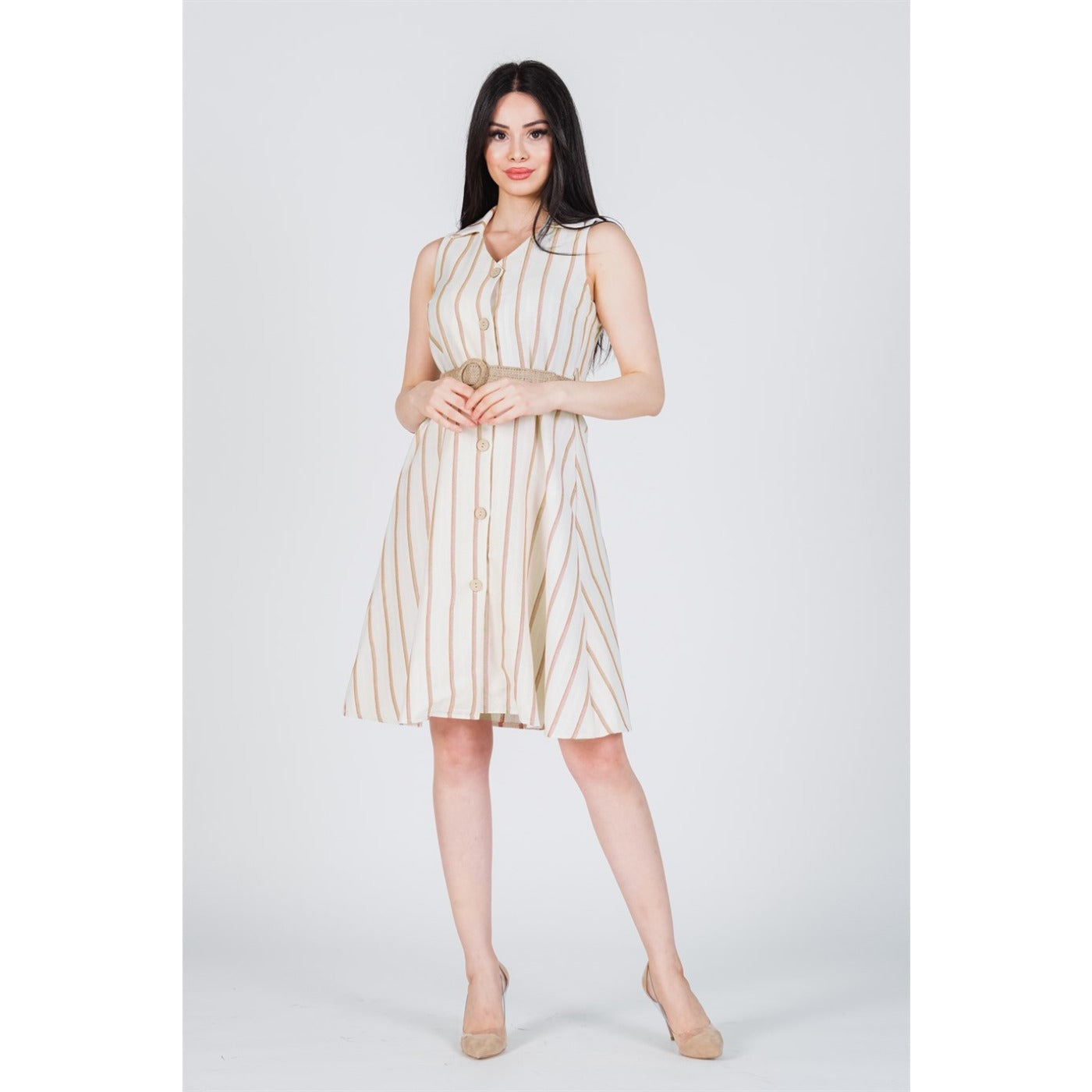 Beige Striped Belted Linen Dress | Montivo Pakistan