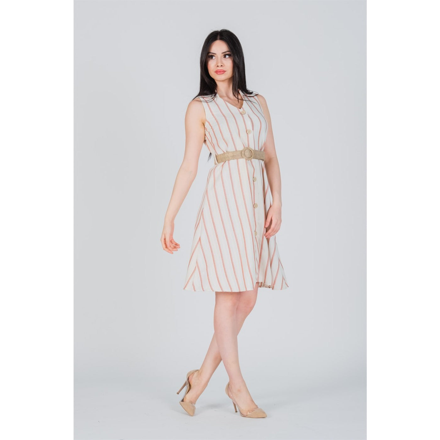 Red Striped Belted Linen Dress | Montivo Pakistan
