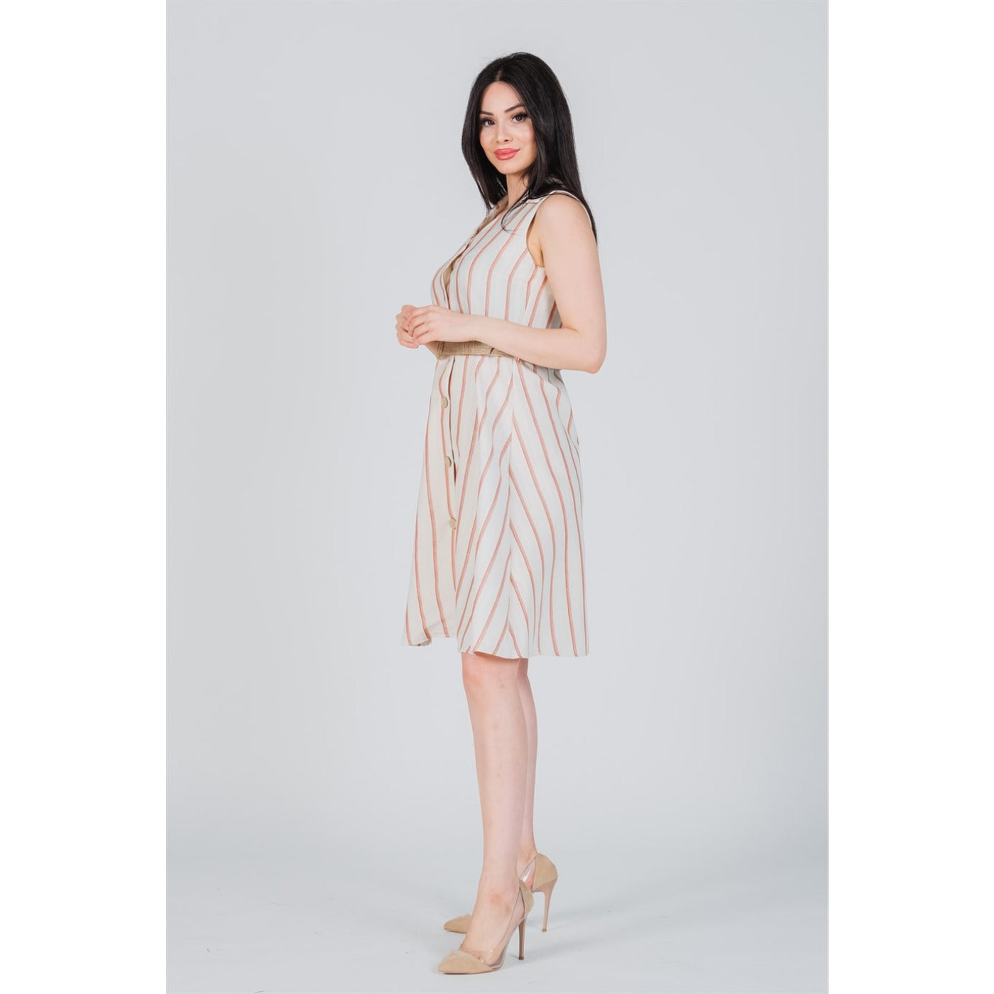 Red Striped Belted Linen Dress | Montivo Pakistan