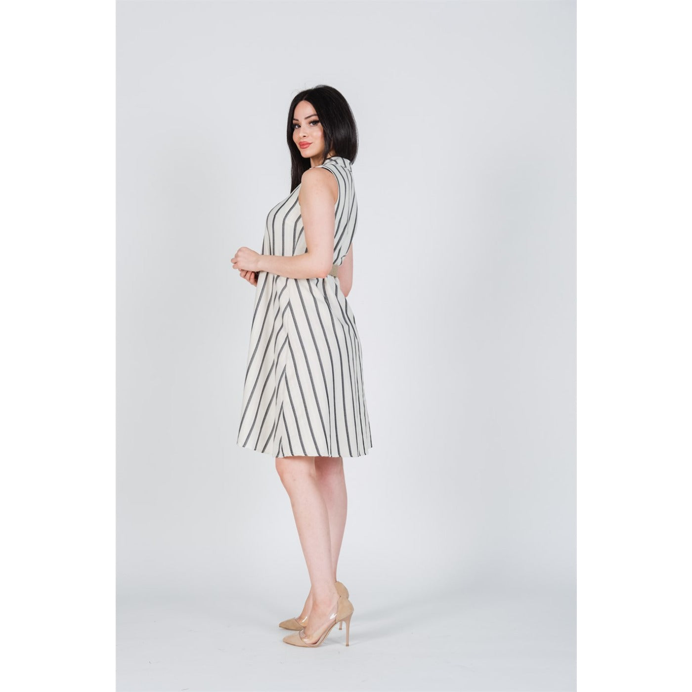 Black Striped Belted Linen Dress | Montivo Pakistan
