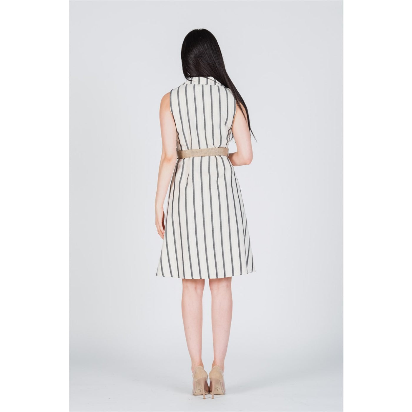 Black Striped Belted Linen Dress | Montivo Pakistan
