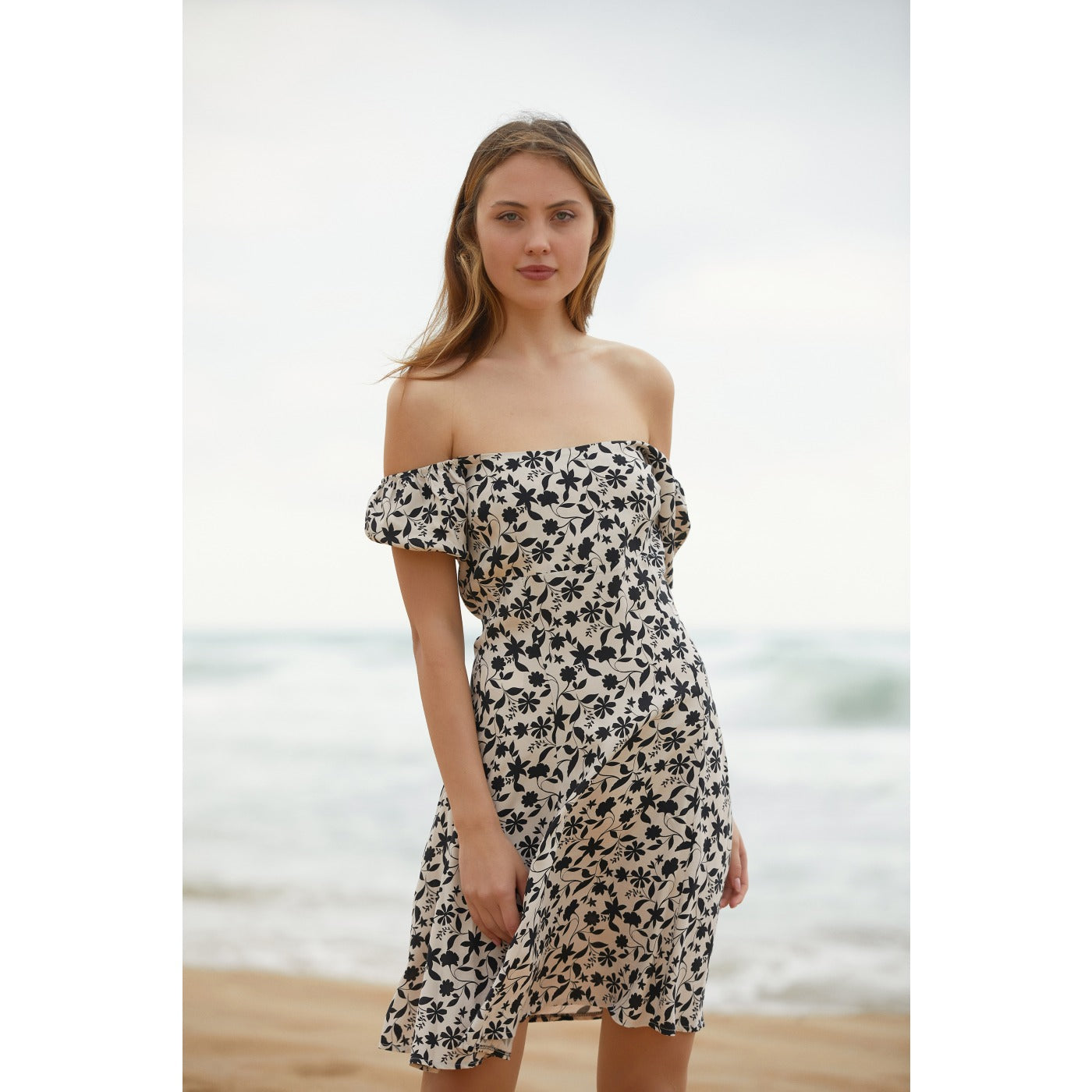 Off-Shoulder Cream Floral Dress | Montivo Pakistan