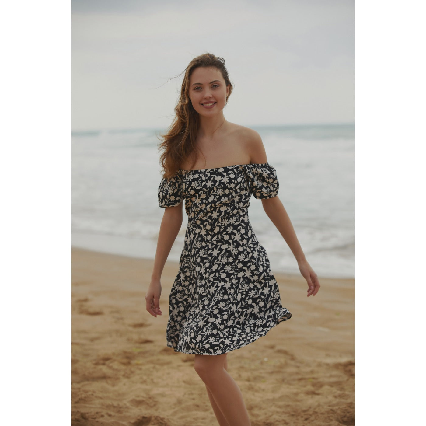 Off-Shoulder Black Floral Dress | Montivo Pakistan