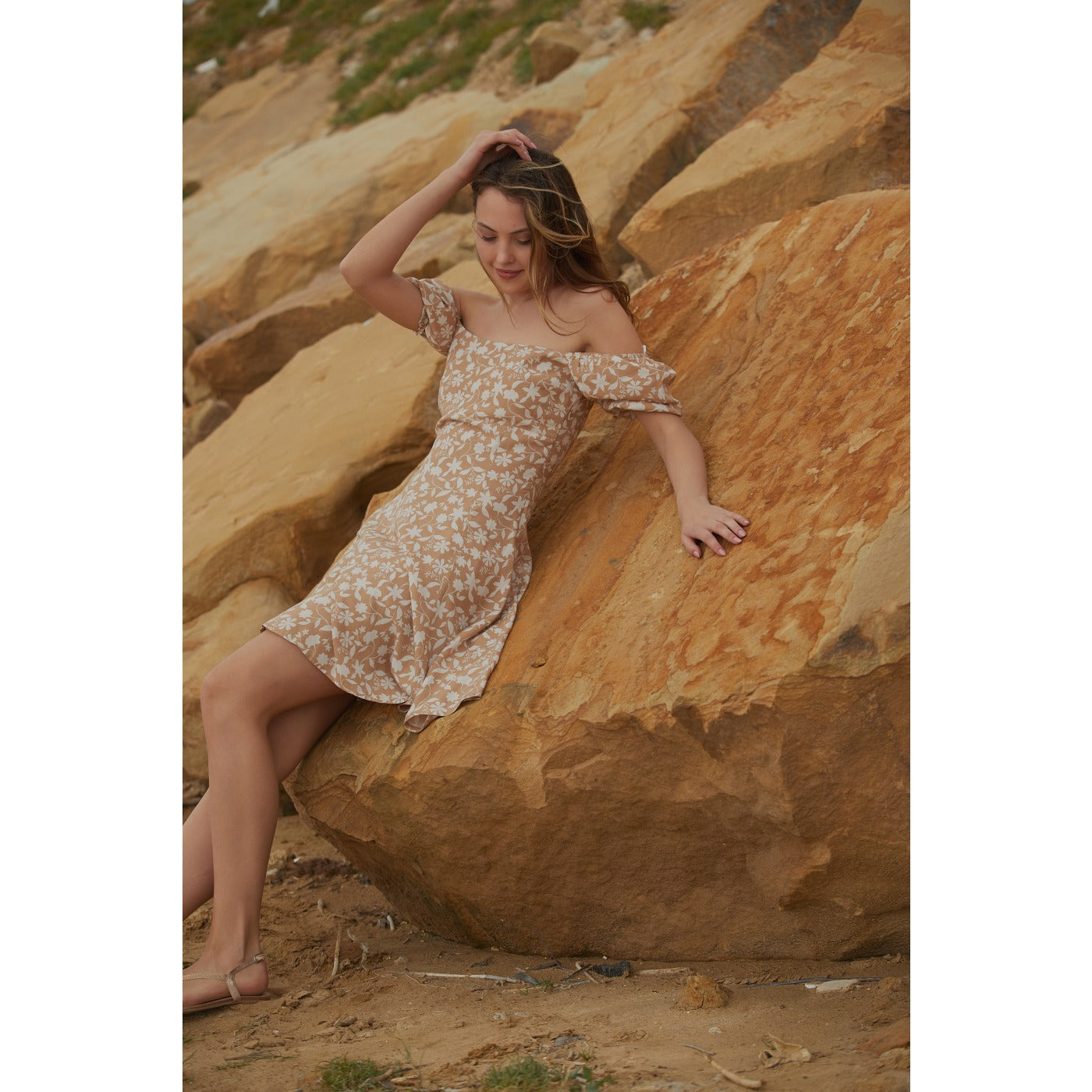 Off-Shoulder Beige Floral Dress | Montivo Pakistan