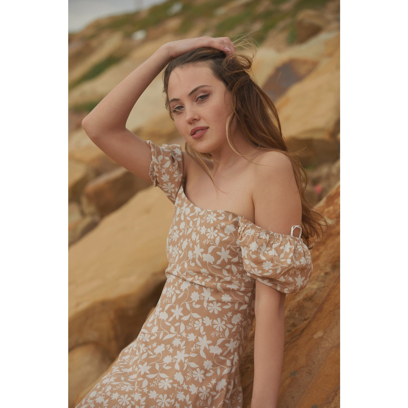 Off-Shoulder Beige Floral Dress | Montivo Pakistan