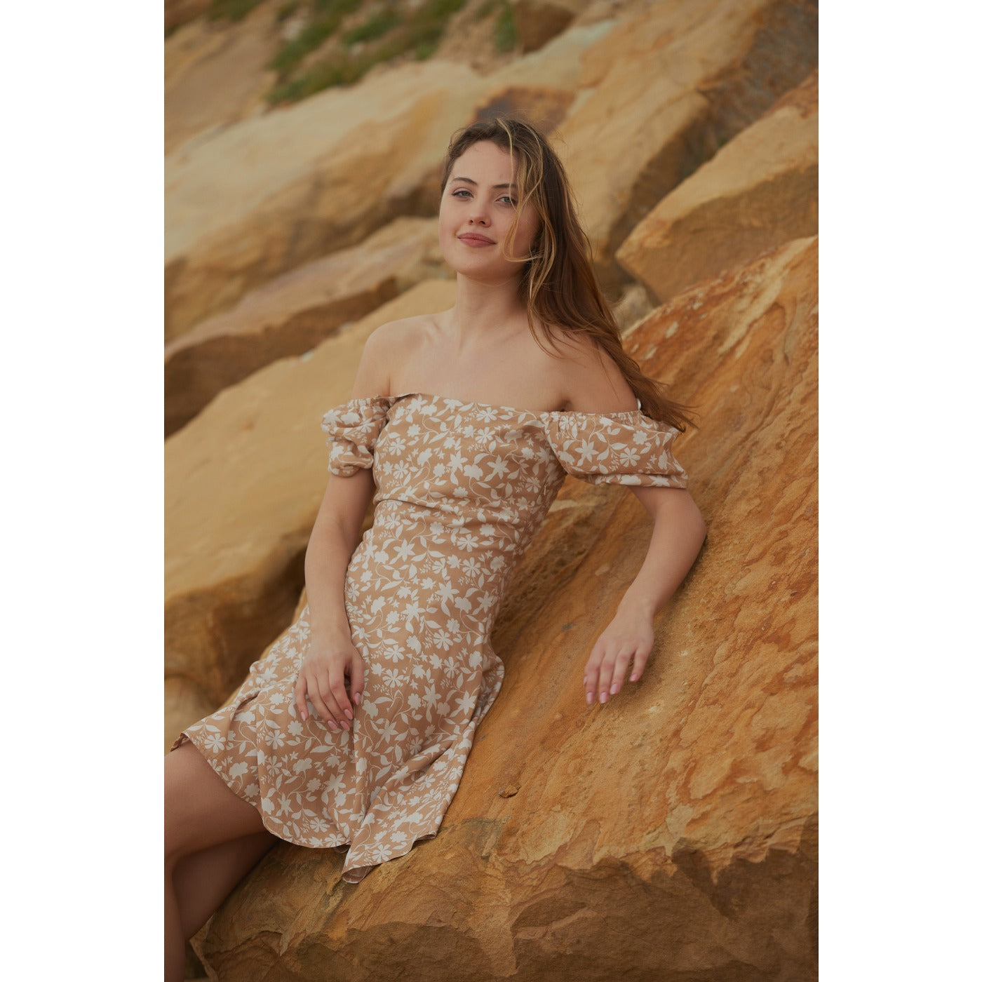 Off-Shoulder Beige Floral Dress | Montivo Pakistan