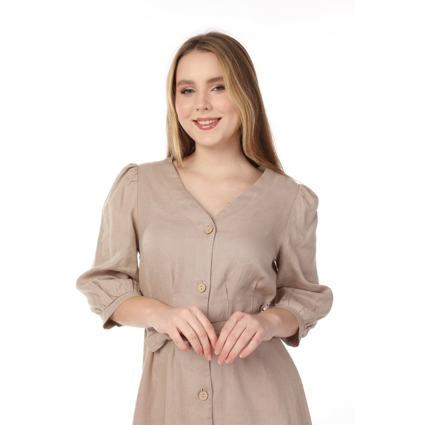 Beige Buttoned Linen Dress | Montivo Pakistan