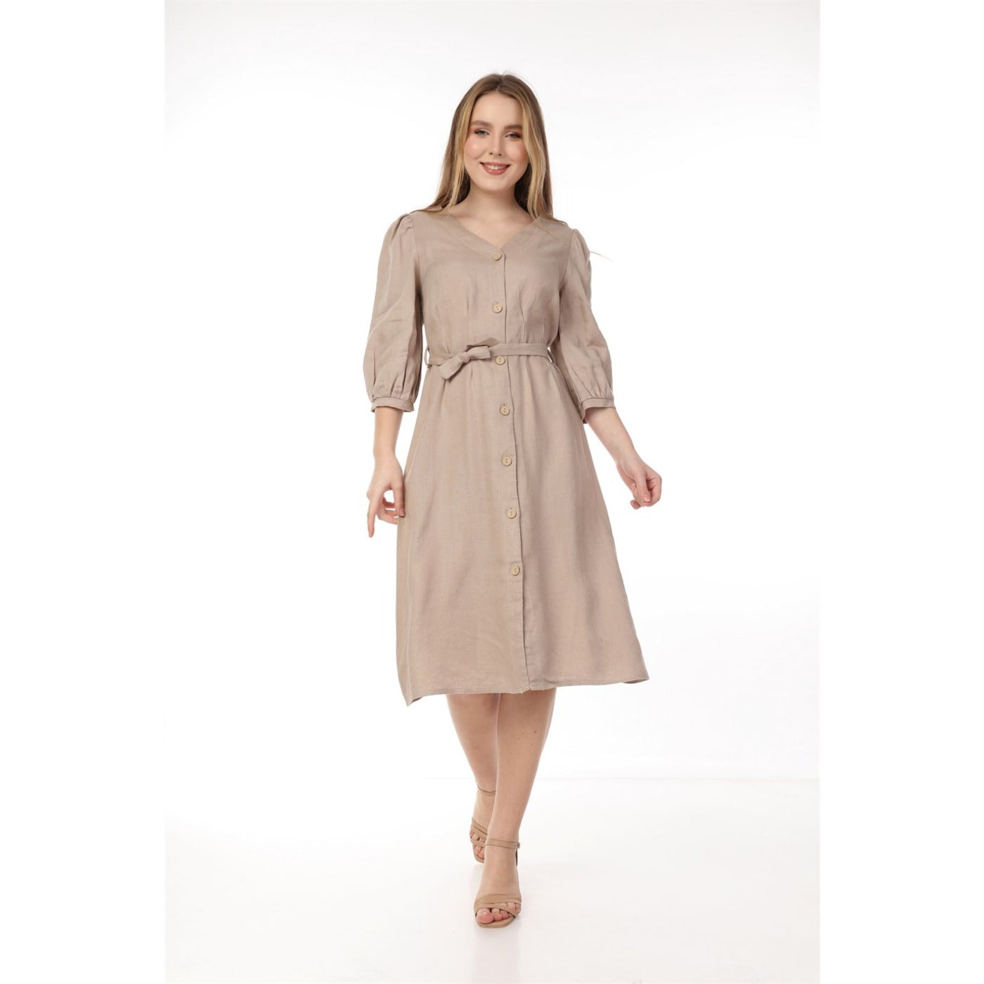 Beige Buttoned Linen Dress | Montivo Pakistan