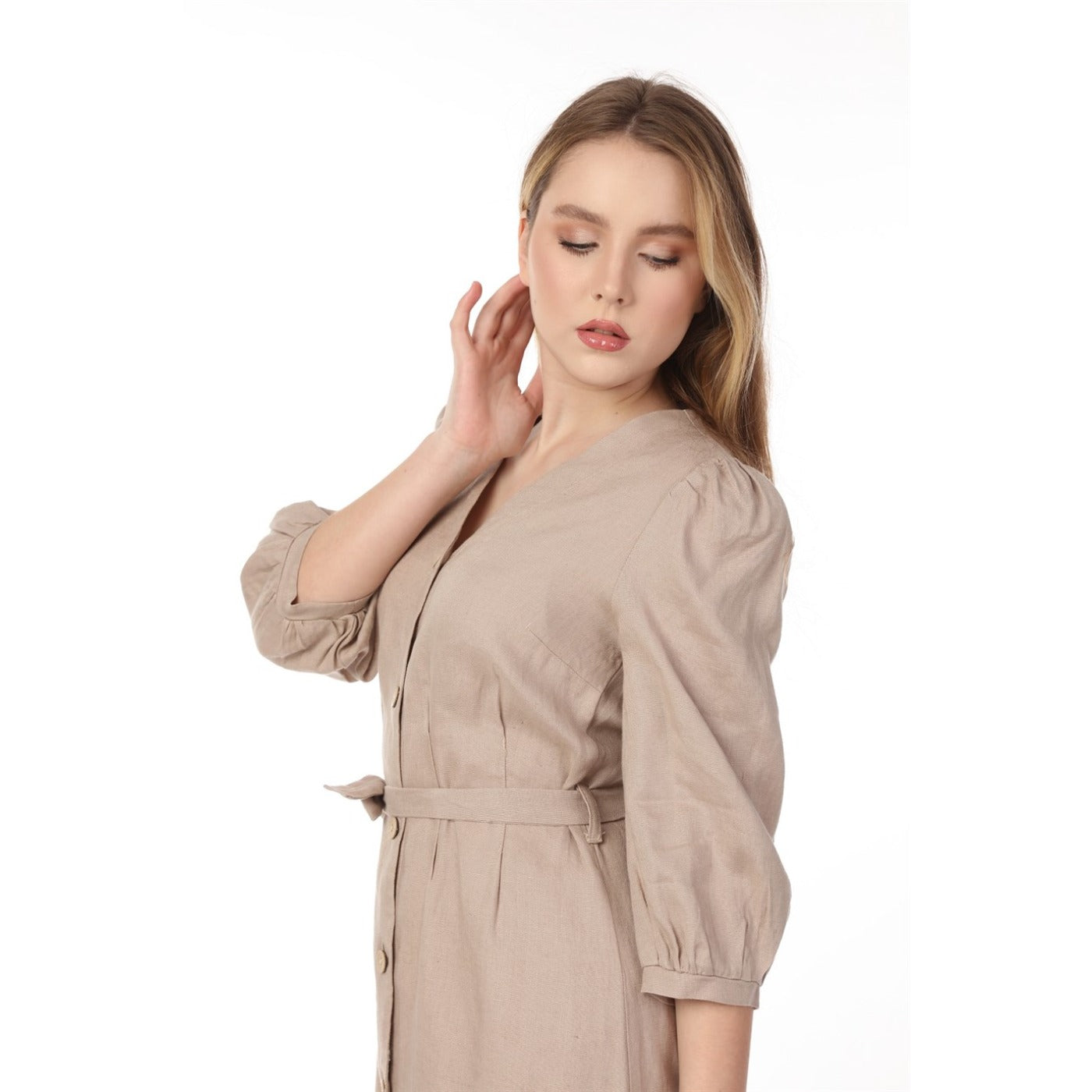 Beige Buttoned Linen Dress | Montivo Pakistan