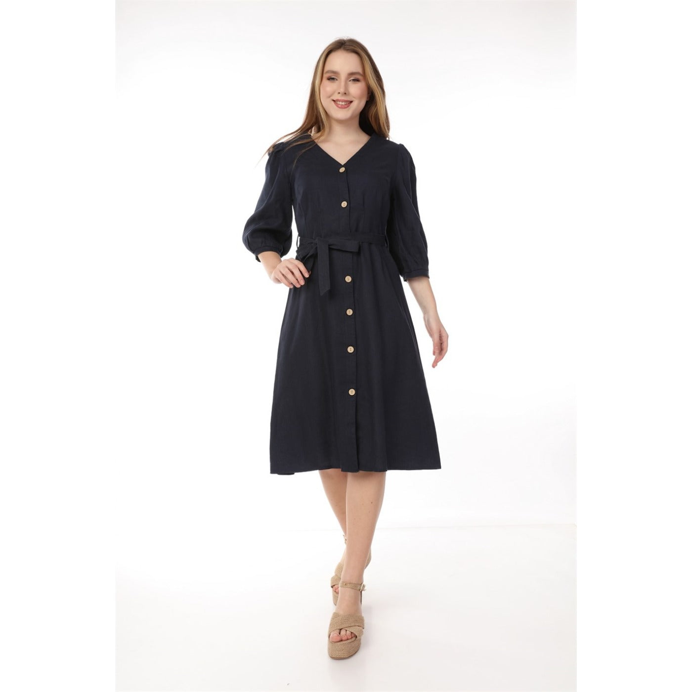 Navy Buttoned Linen Dress | Montivo Pakistan