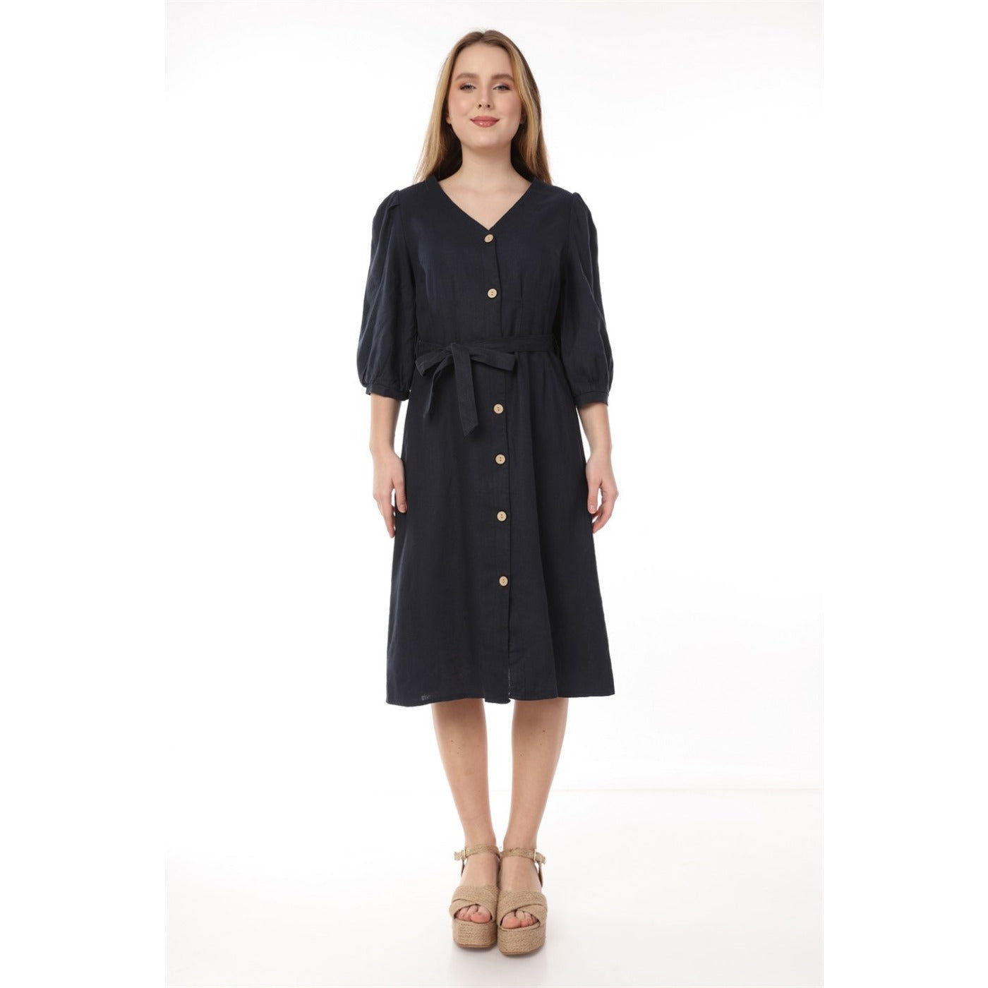 Navy Buttoned Linen Dress | Montivo Pakistan