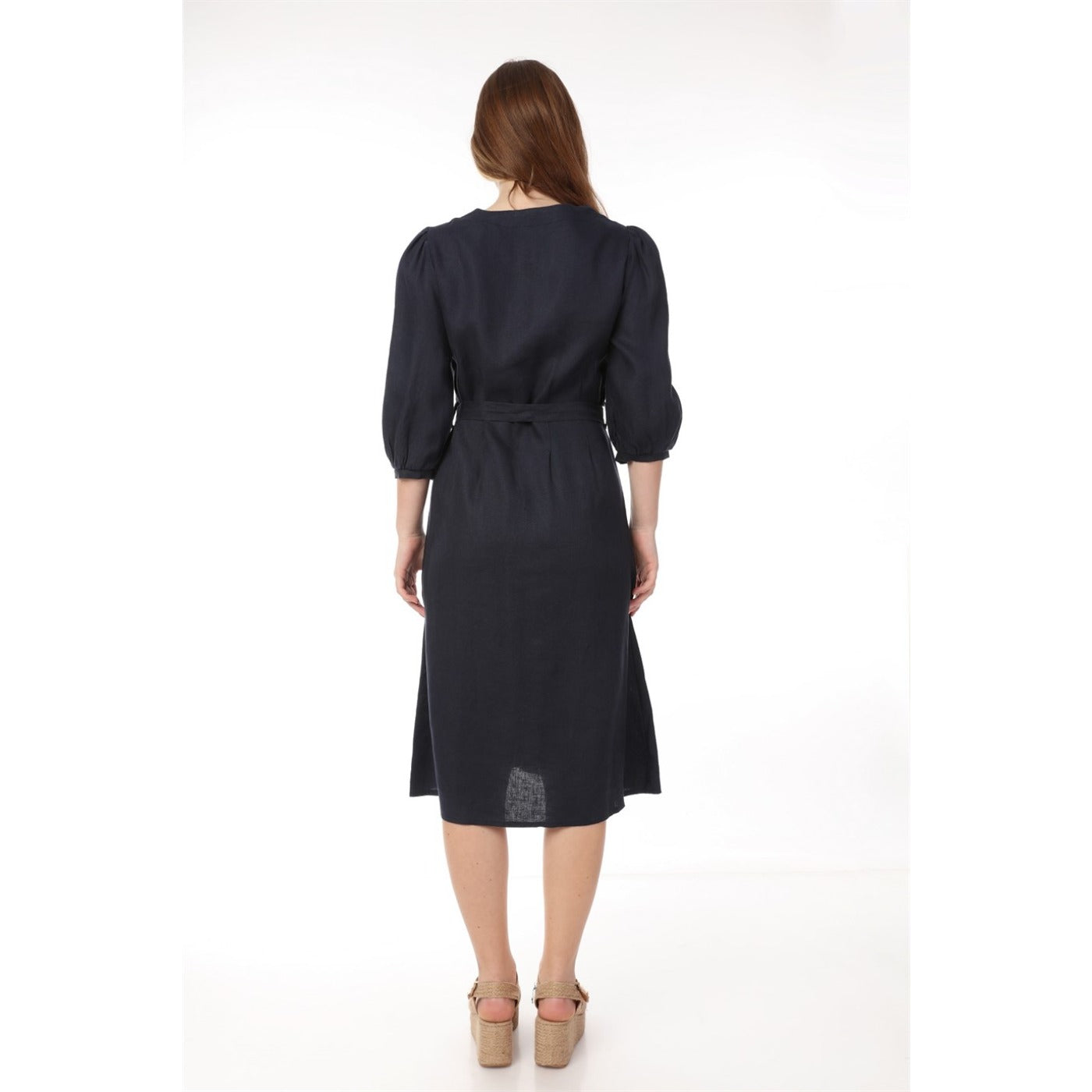 Navy Buttoned Linen Dress | Montivo Pakistan