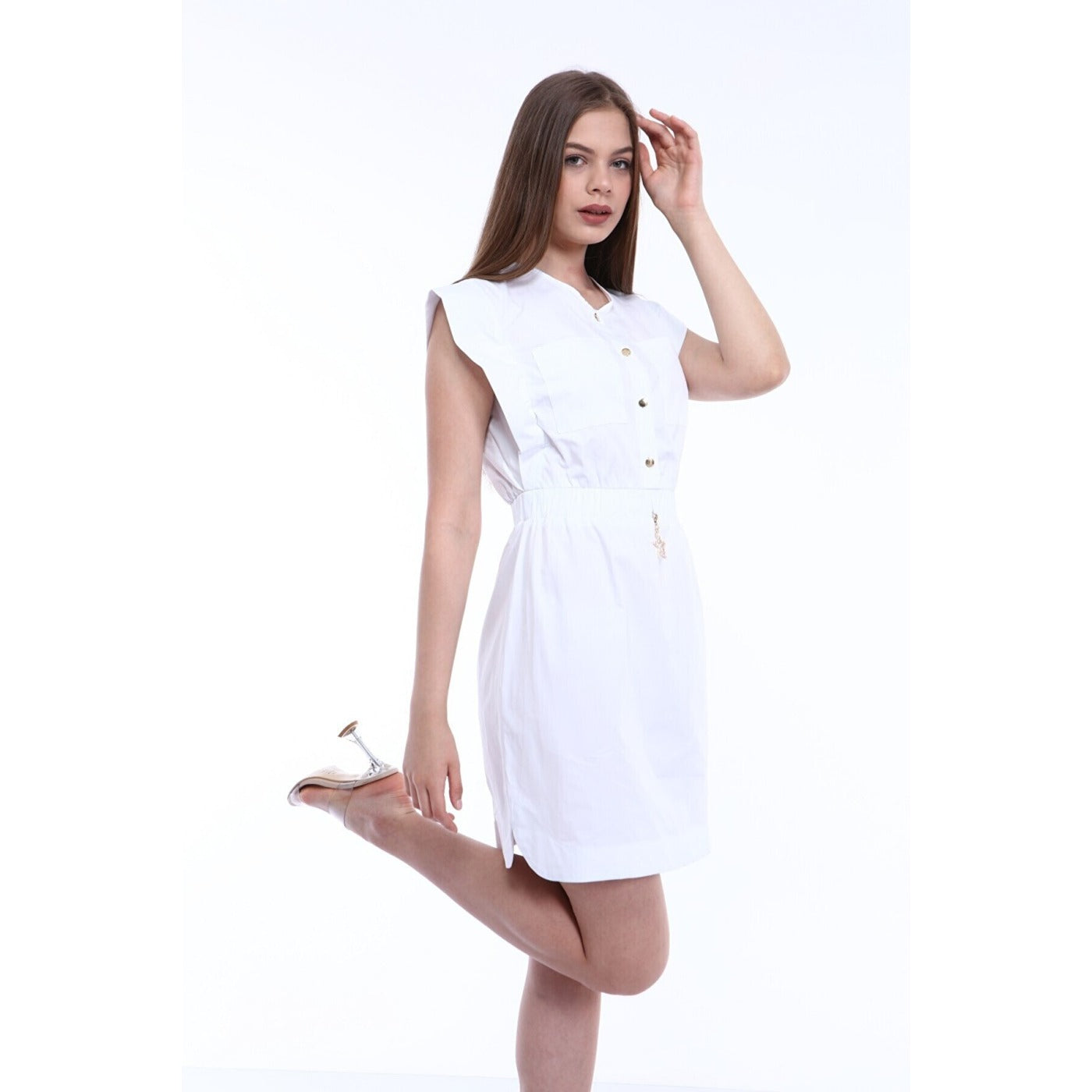White Elastic Waist Double Pocketed Dress | Montivo Pakistan
