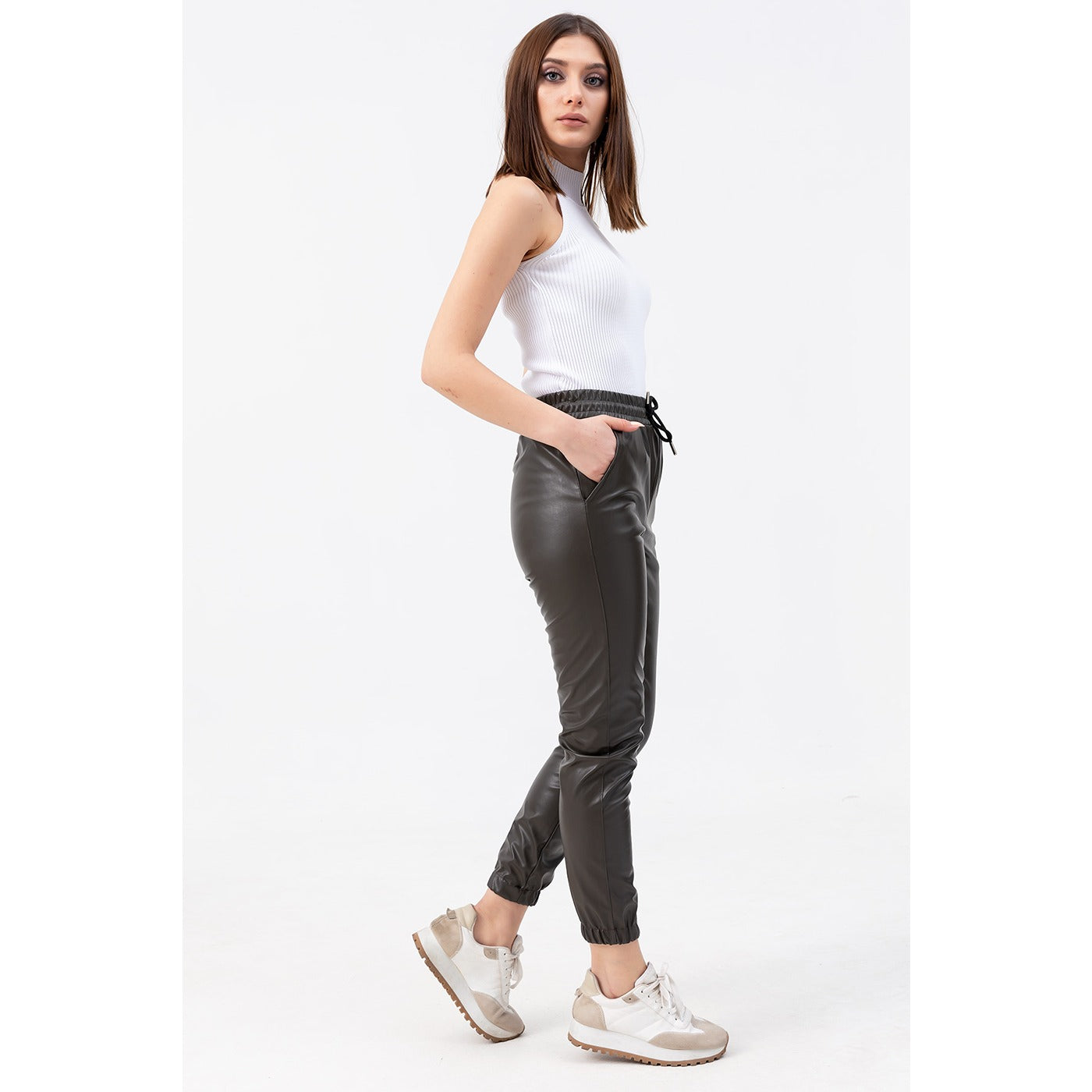 Faux Leather Khaki Joggers | Montivo Pakistan