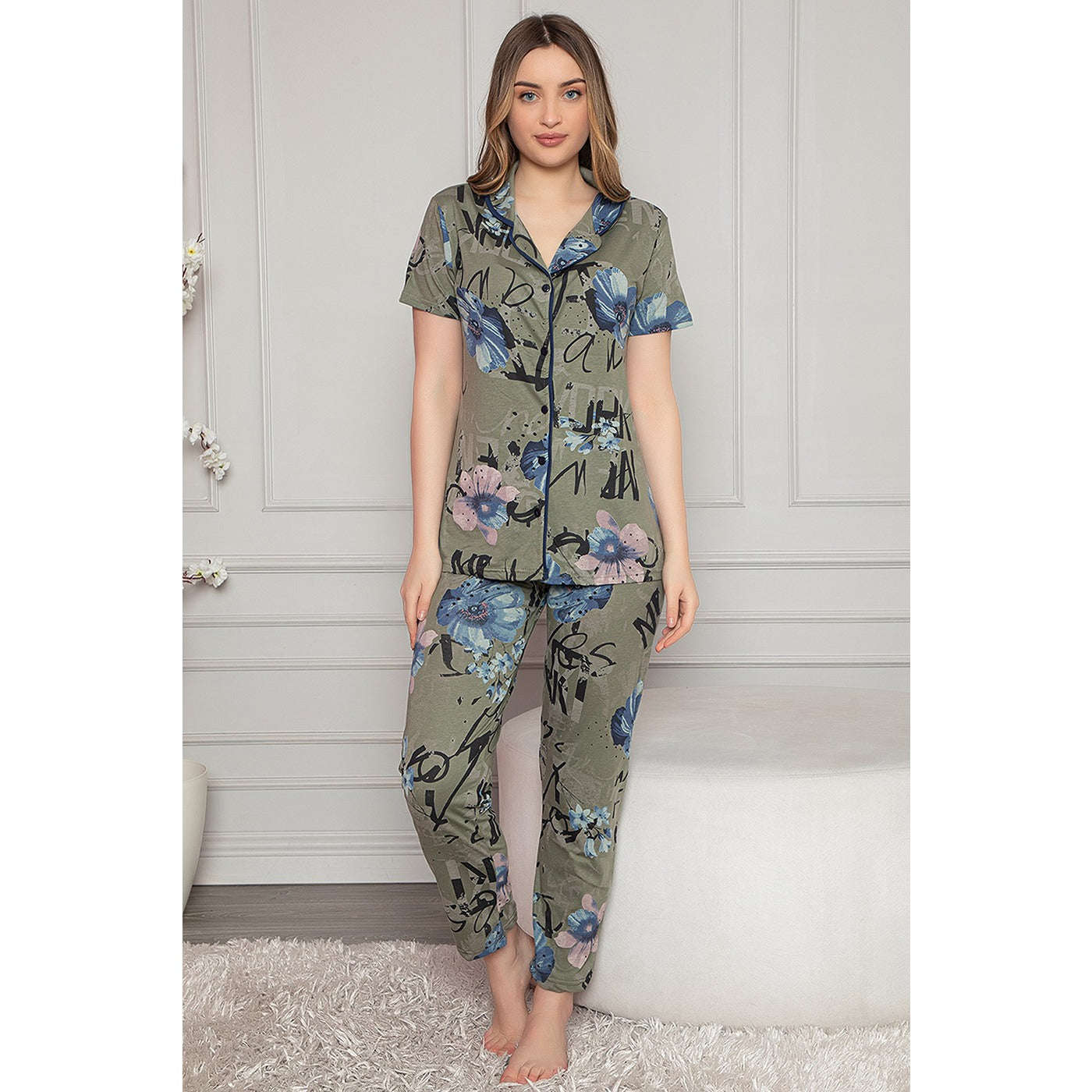Green Printed Buttoned Pajamas Set | Montivo Pakistan