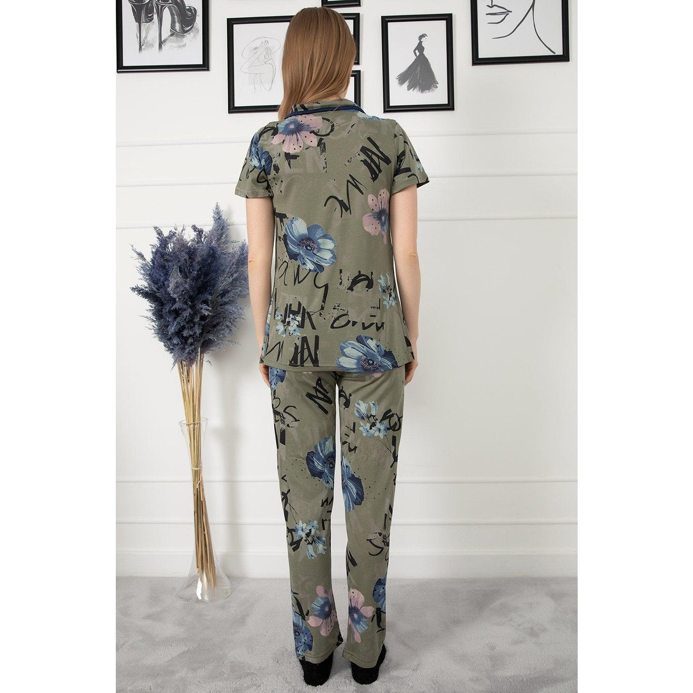 Green Printed Buttoned Pajamas Set | Montivo Pakistan