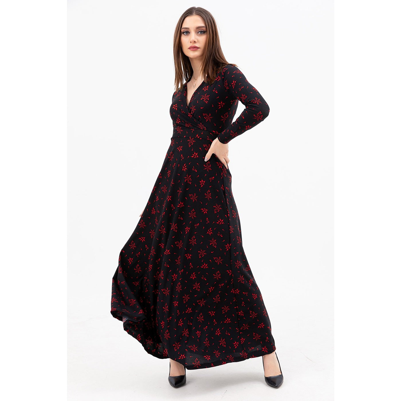 Black Double Breasted Neck Long Dress | Montivo Pakistan