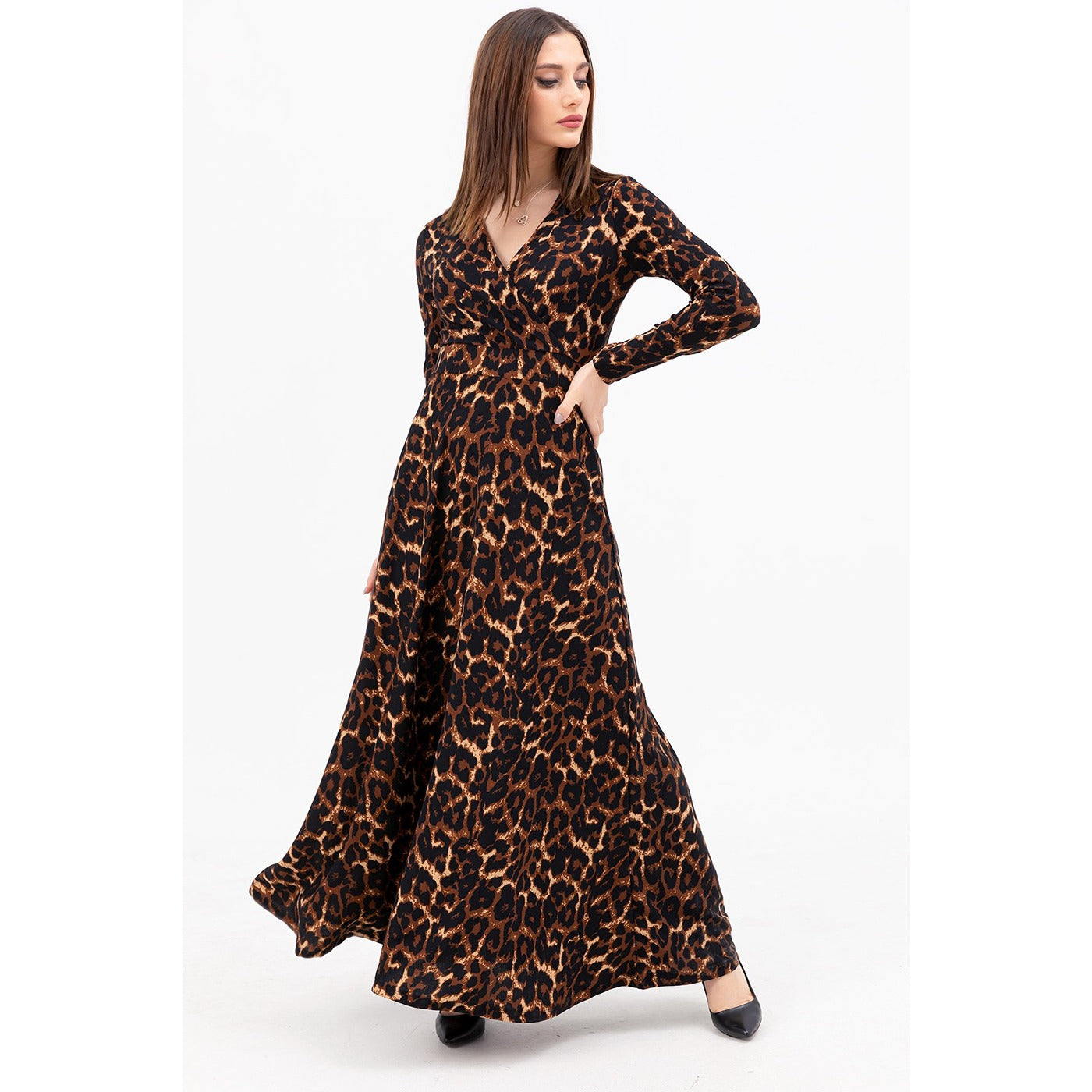 Animal Print Double Breasted Neck Long Dress | Montivo Pakistan
