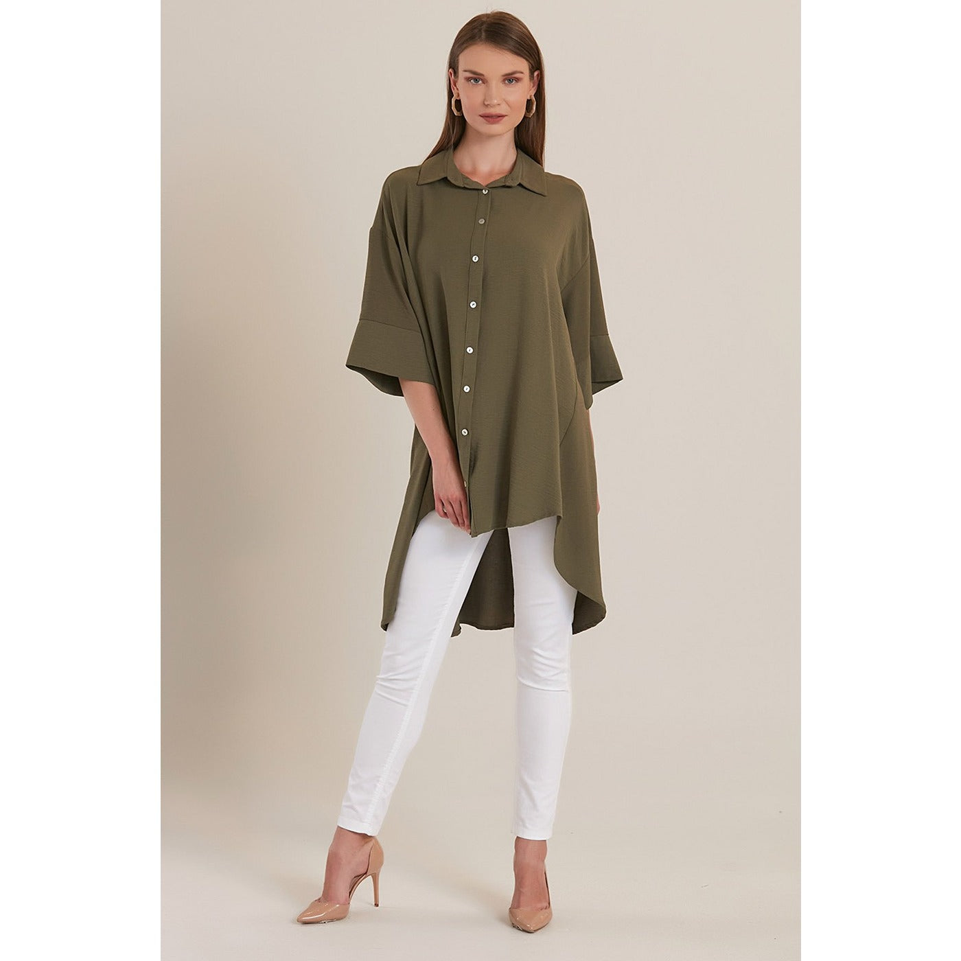 Olive Midi Sleeve Classic Shirt Tunic | Montivo Pakistan