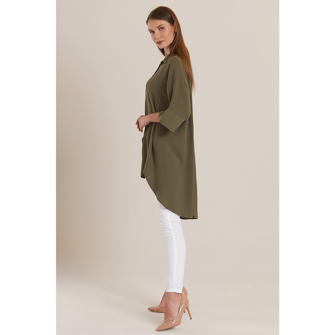 Olive Midi Sleeve Classic Shirt Tunic | Montivo Pakistan
