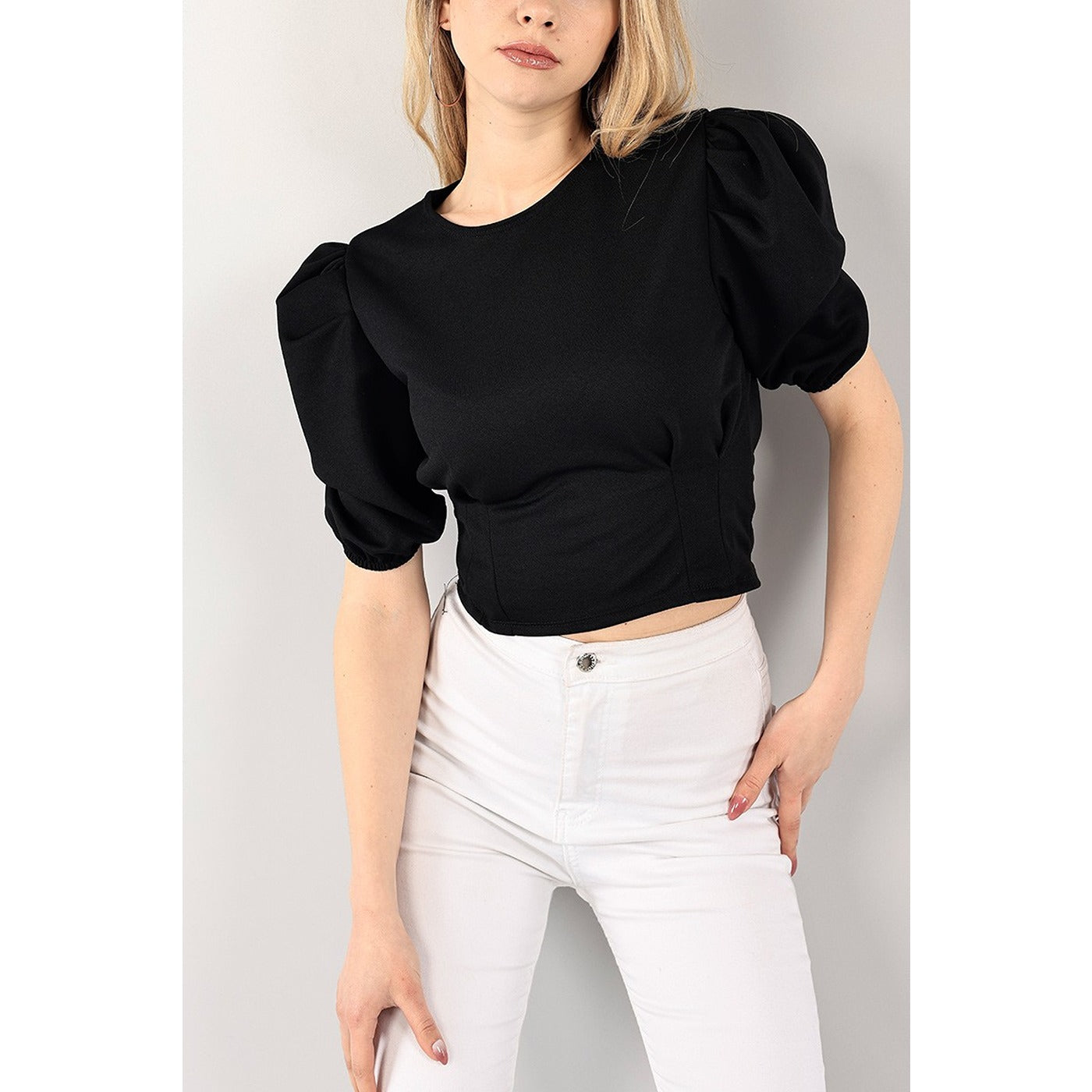 Black Balloon Sleeve Pleated Blouse | Montivo Pakistan