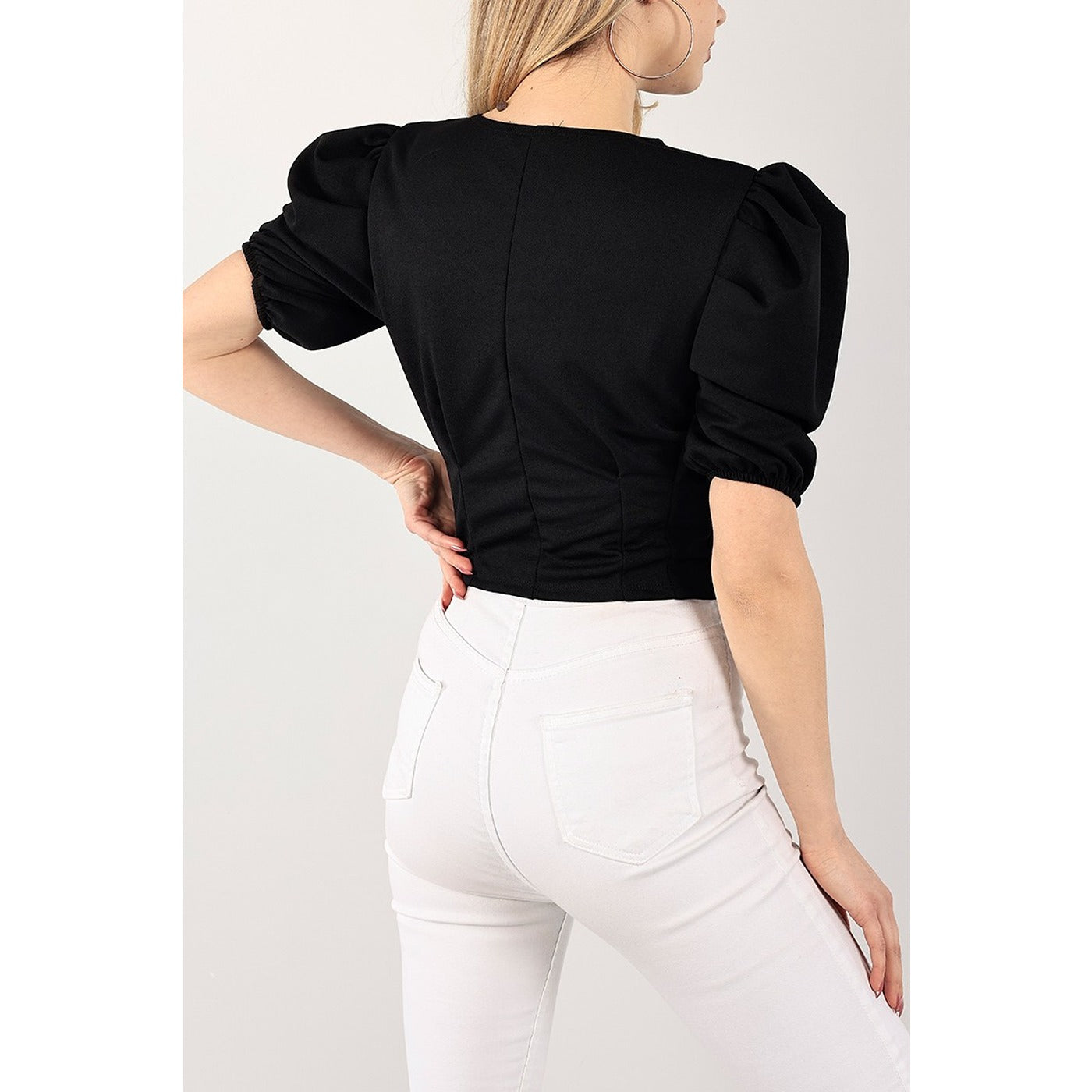 Black Balloon Sleeve Pleated Blouse | Montivo Pakistan