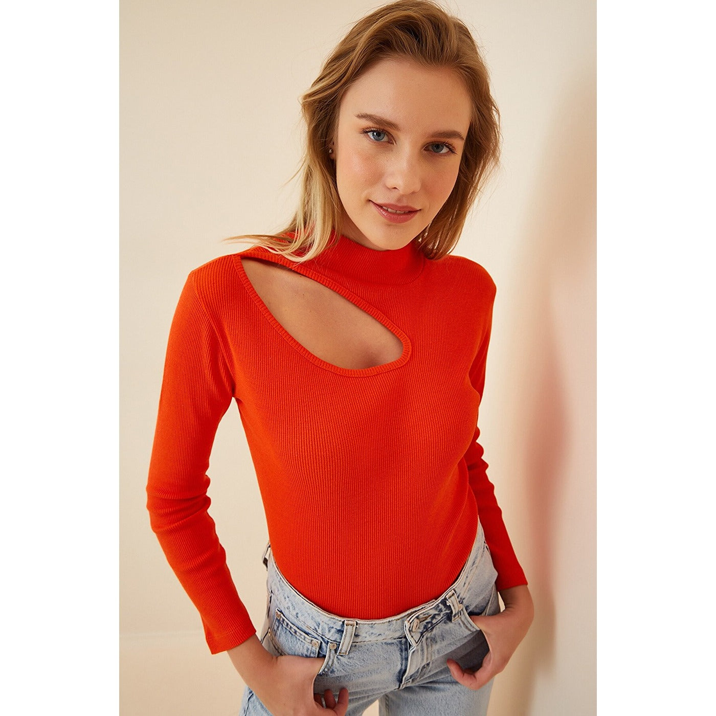 Orange Cut Out Detailed Ribbed Knitted Blouse | Montivo Pakistan