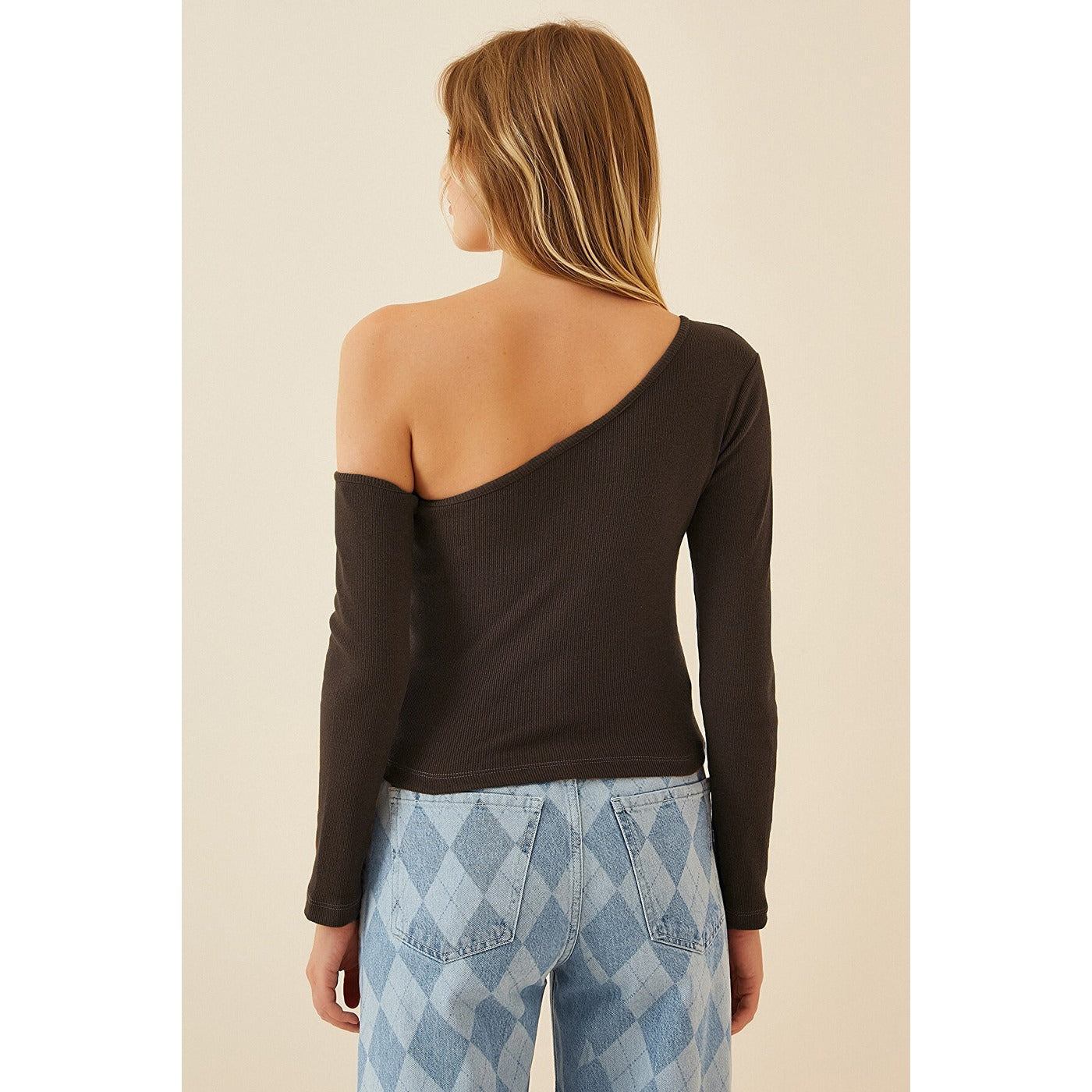 Brown Open Shoulder Ribbed Knitted Blouse | Montivo Pakistan