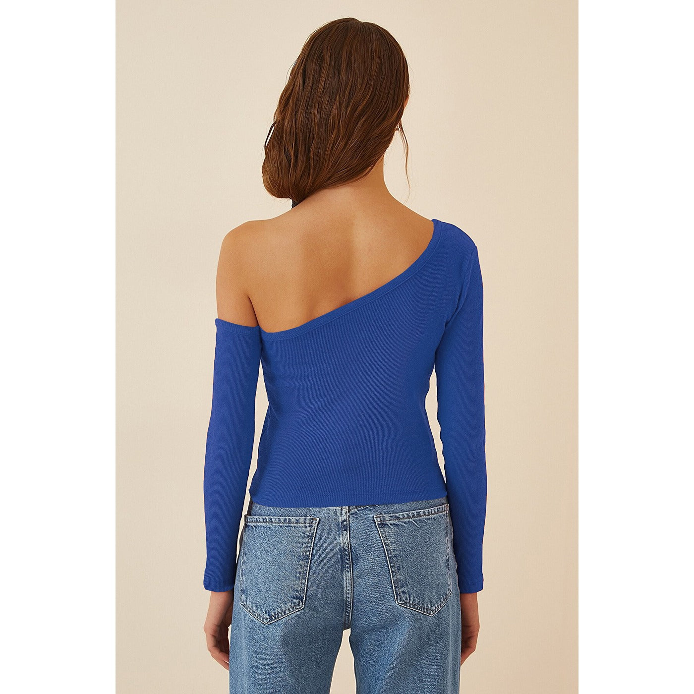 Blue Open Shoulder Ribbed Knitted Blouse | Montivo Pakistan