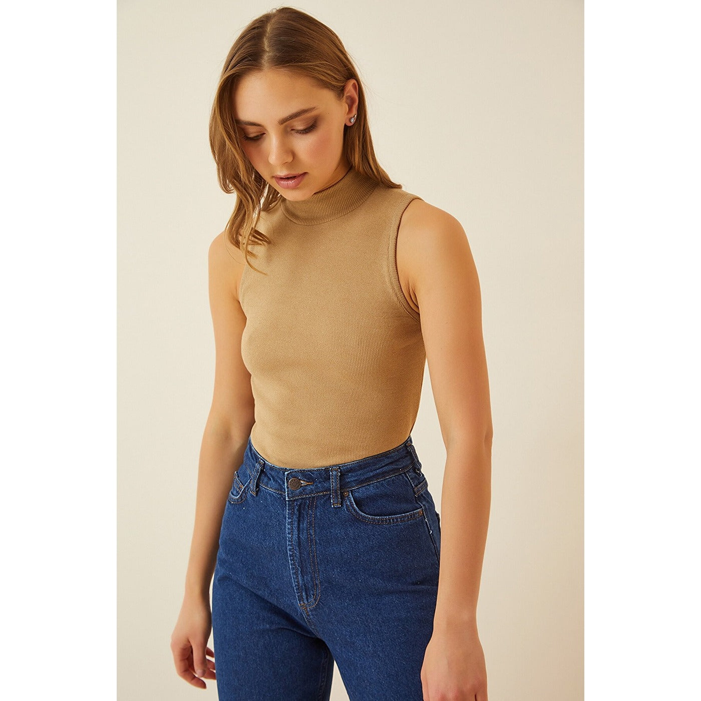 Beige Turtleneck Cotton Knitted Blouse | Montivo Pakistan