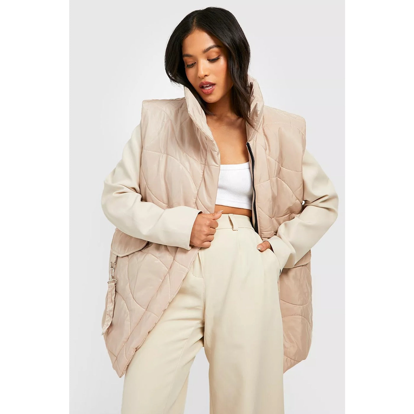 Nude Quilted Funnel Neck Jacket | Montivo Pakistan