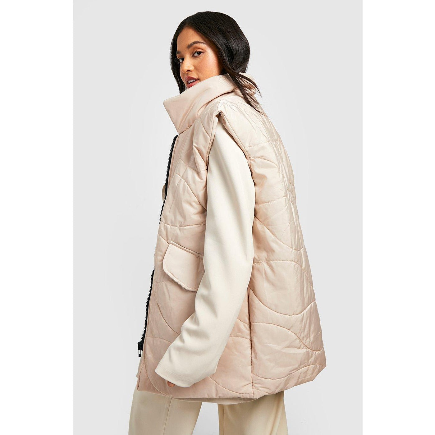 Nude Quilted Funnel Neck Jacket | Montivo Pakistan