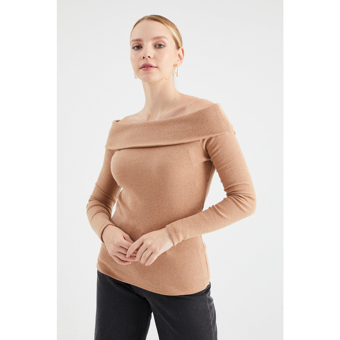 Beige Plunging Collar Corduroy Blouse | Montivo Pakistan