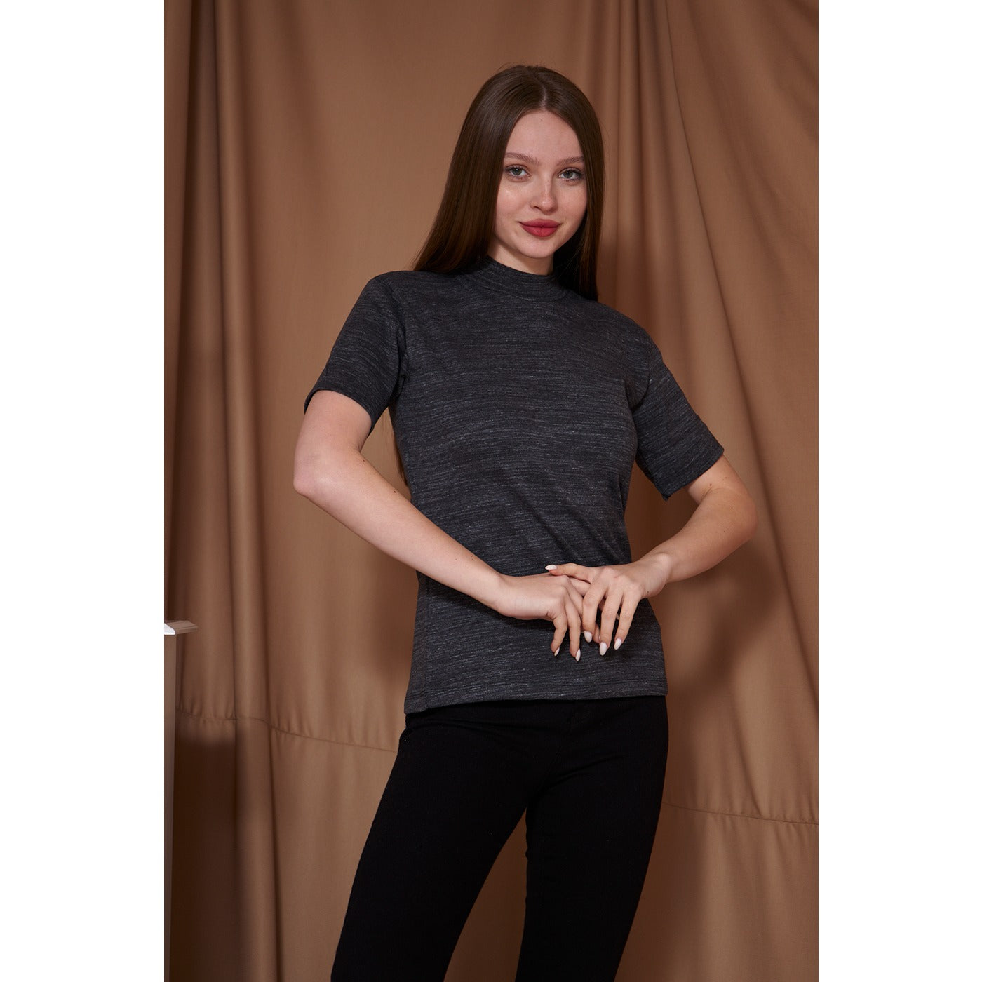 Black Melange Mock Neck Half Sleeves | Montivo Pakistan