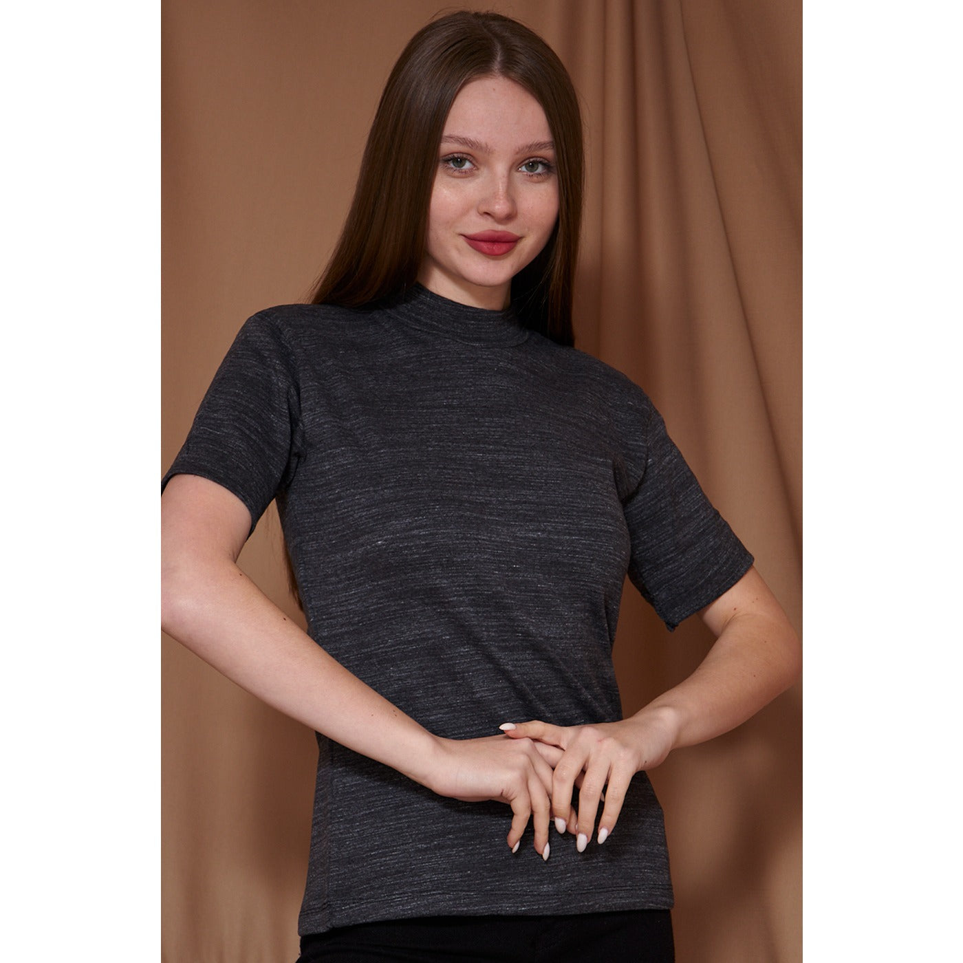 Black Melange Mock Neck Half Sleeves | Montivo Pakistan