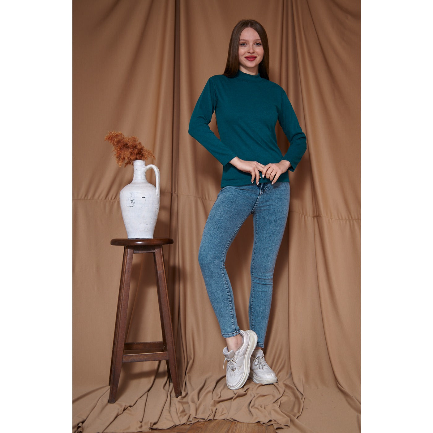 Teal Blue Melange Mock Neck Sweatshirt | Montivo Pakistan