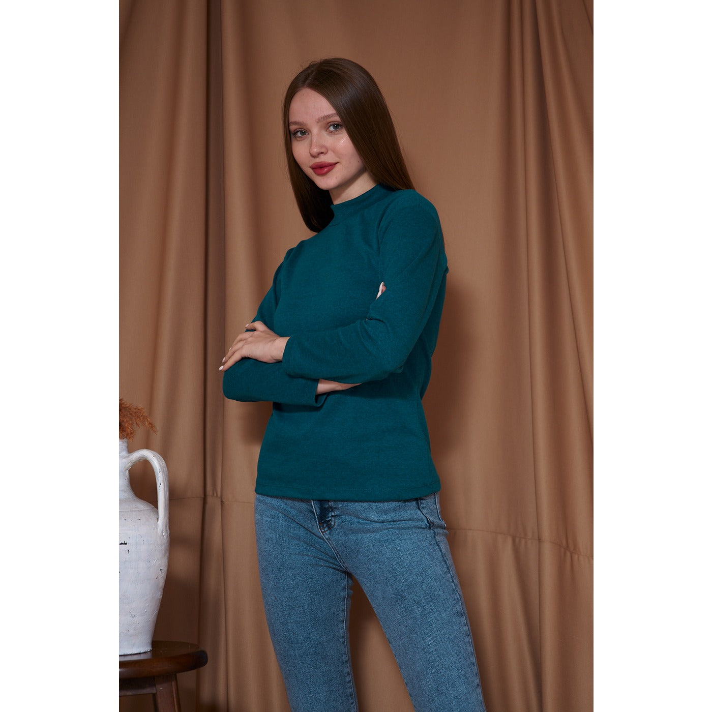 Teal Blue Melange Mock Neck Sweatshirt | Montivo Pakistan