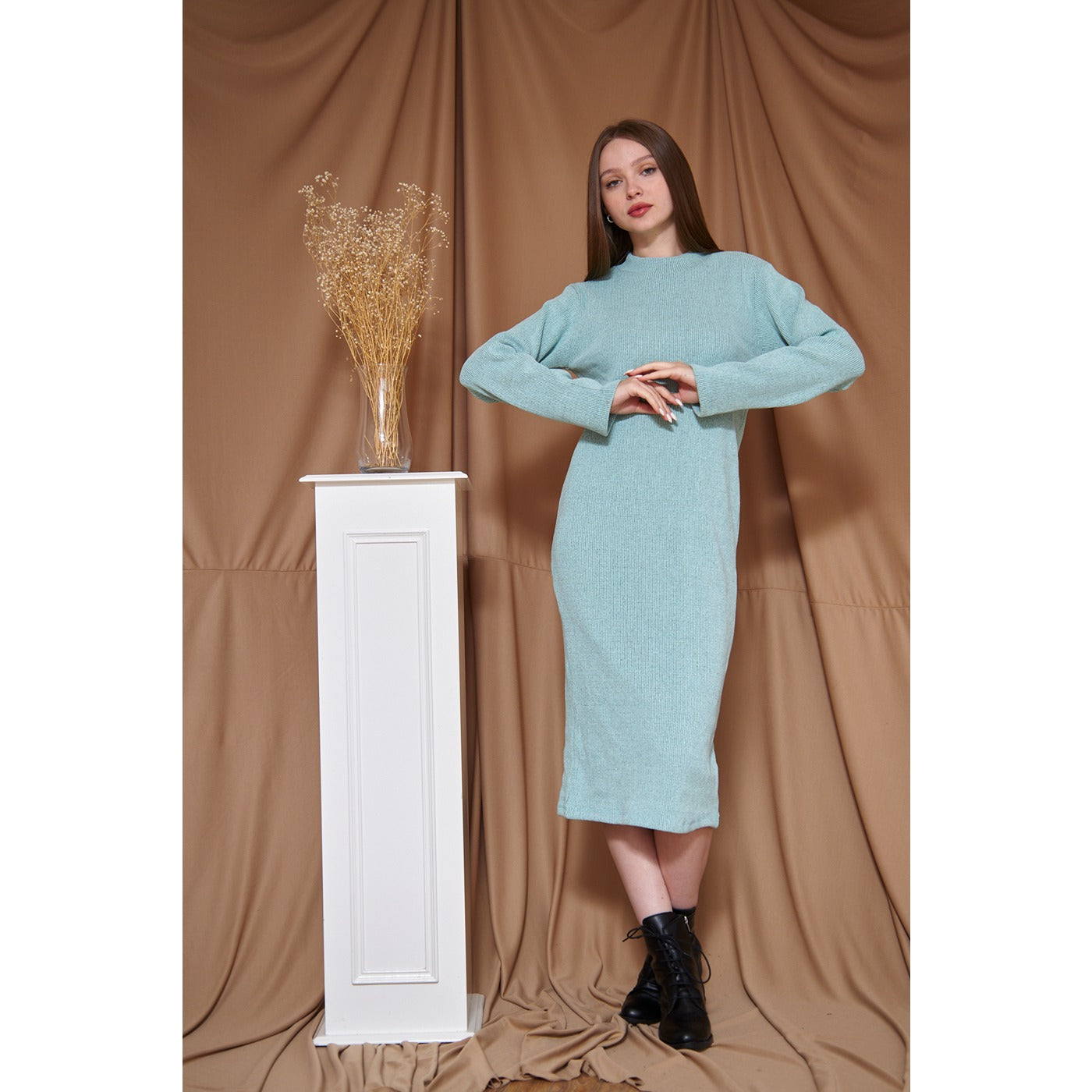 Aqua Ribbed Long Dress | Montivo Pakistan