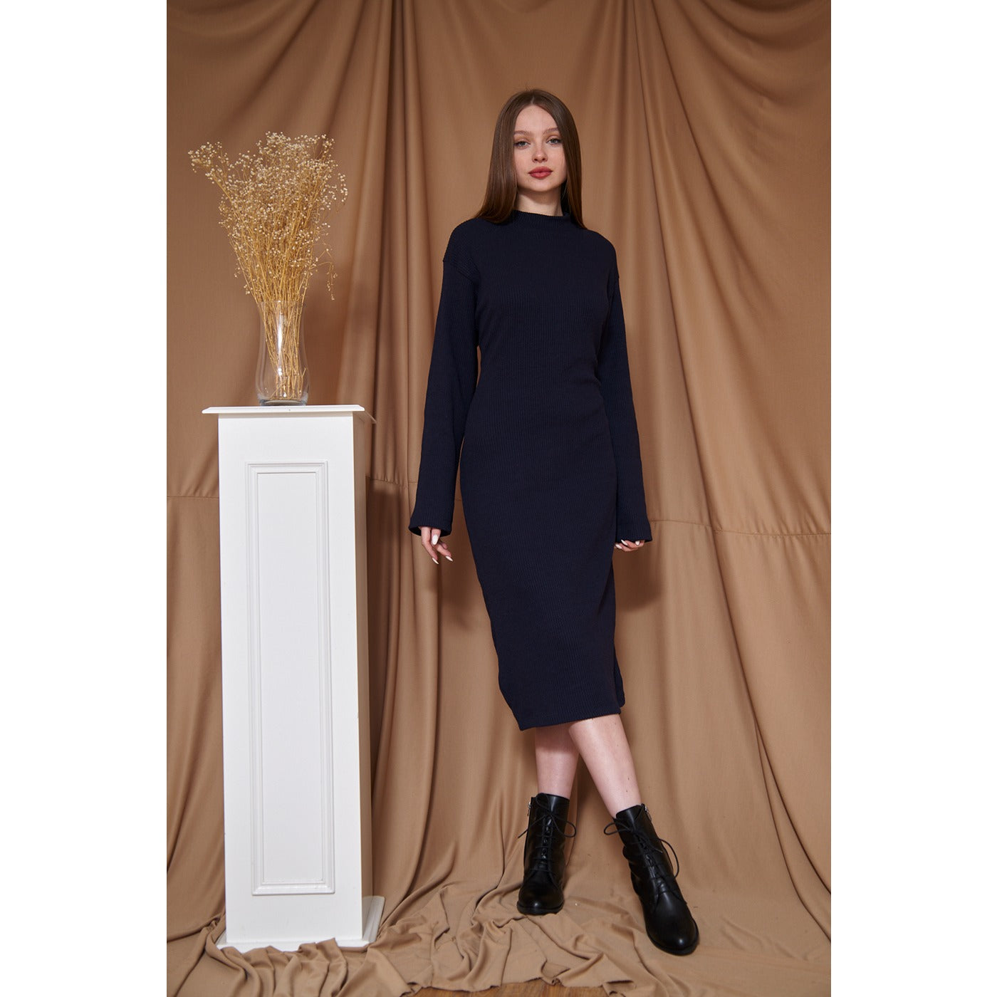 Navy Ribbed Long Dress | Montivo Pakistan