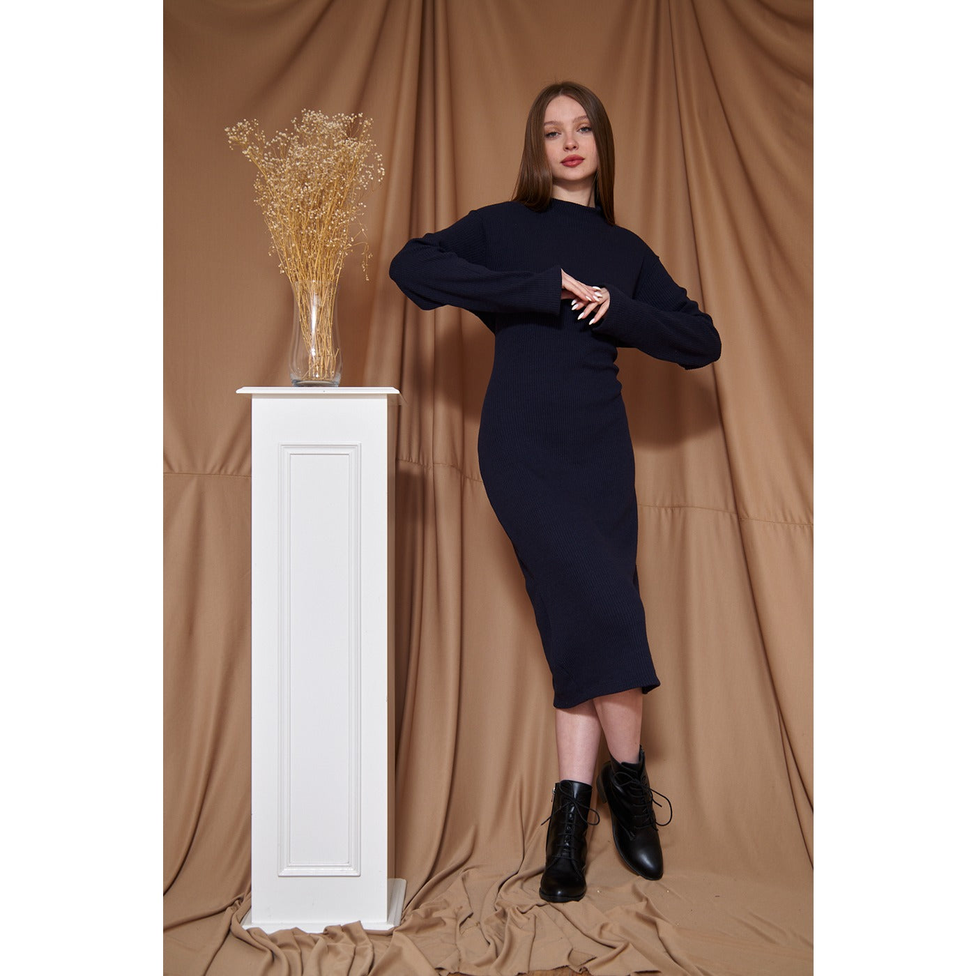 Navy Ribbed Long Dress | Montivo Pakistan