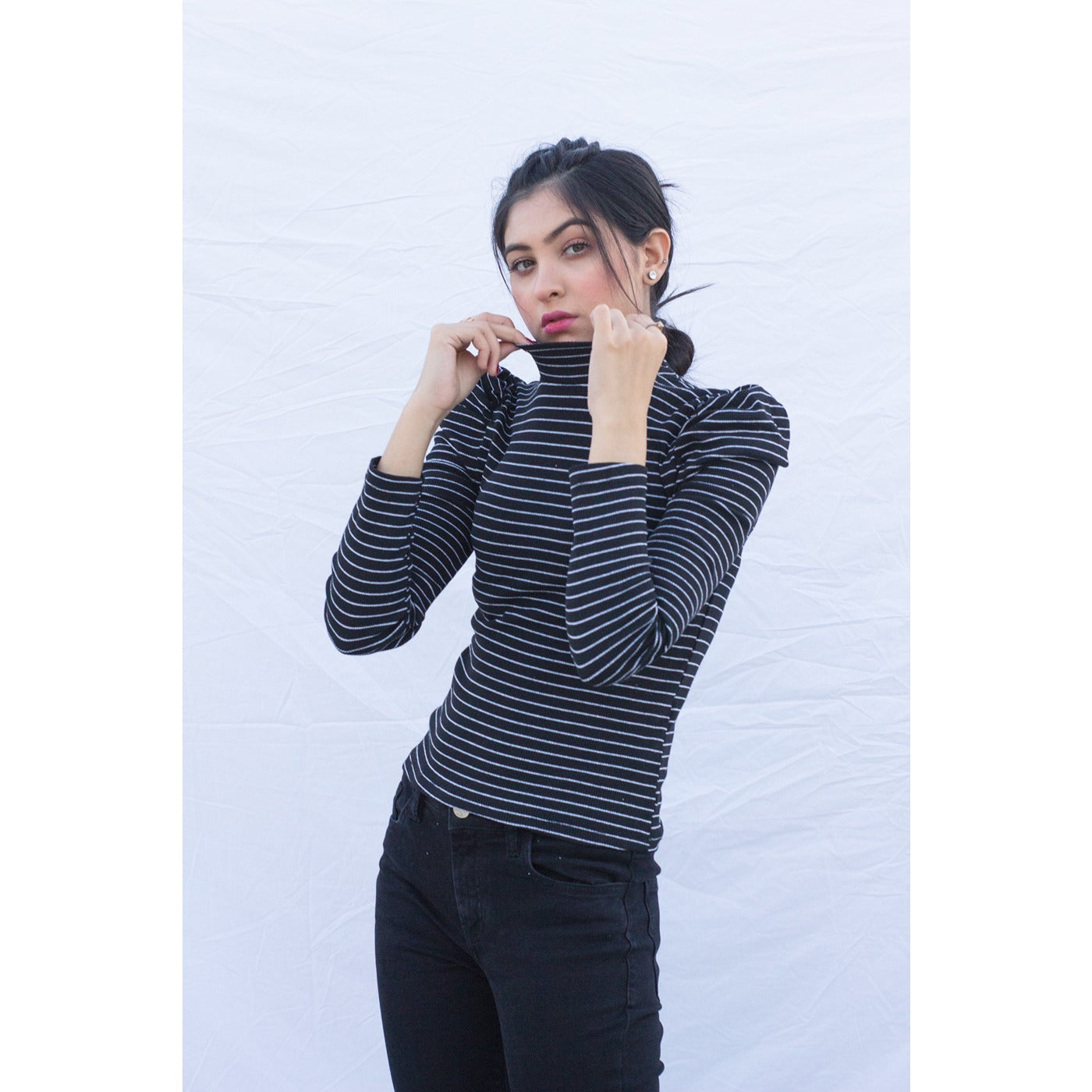 Black Stripes Puff Shoulder Turtleneck Top | Montivo Pakistan