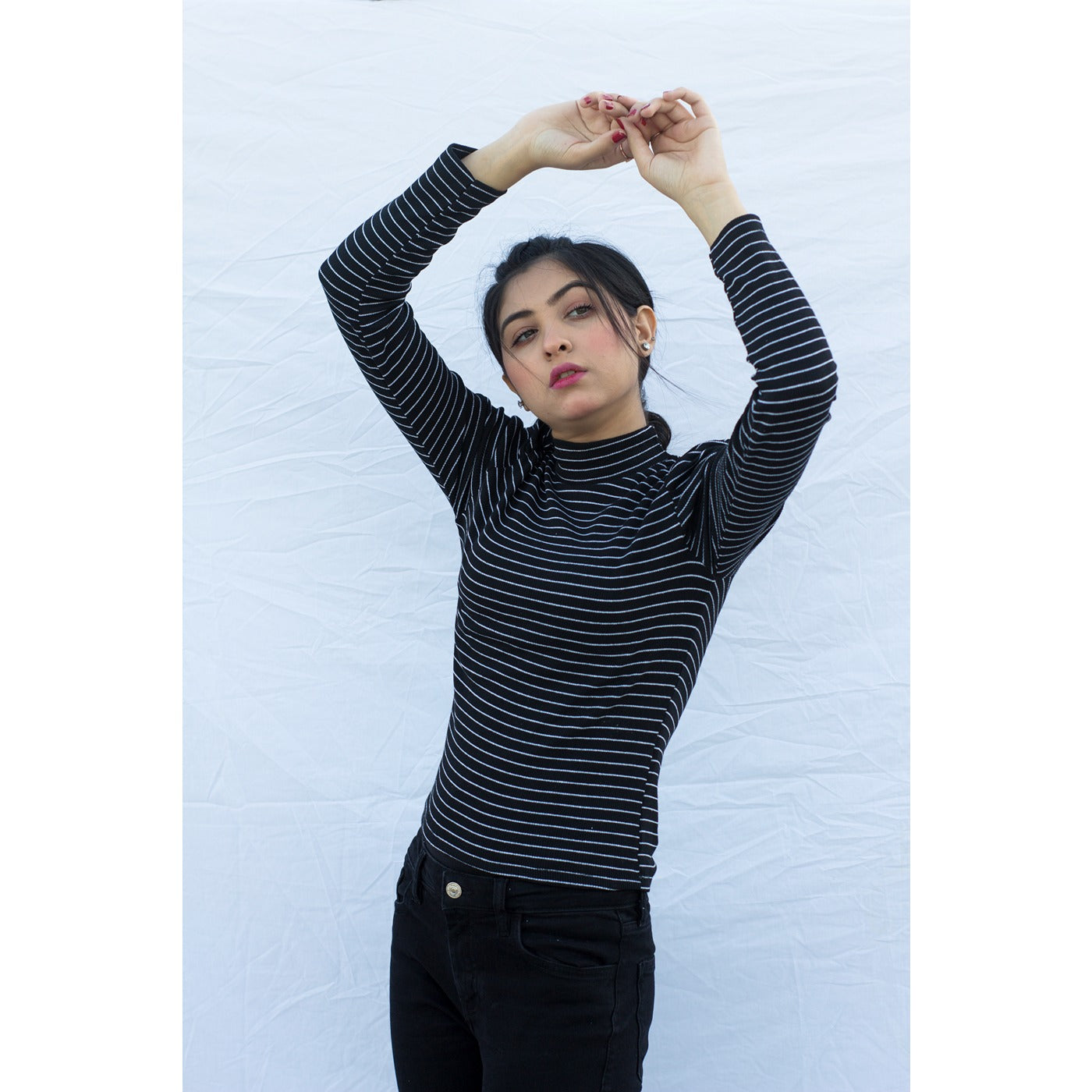 Black Stripes Puff Shoulder Turtleneck Top | Montivo Pakistan