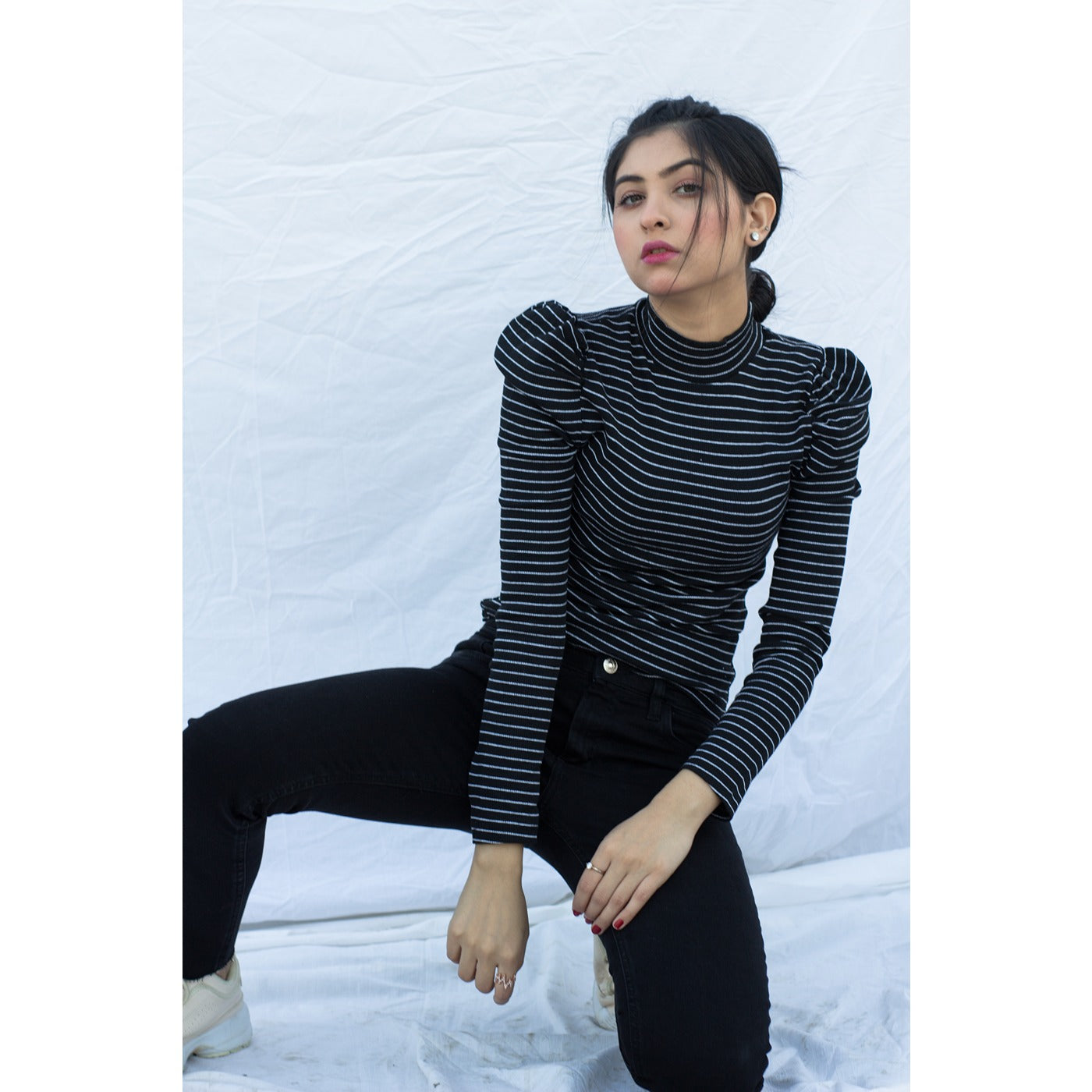 Black Stripes Puff Shoulder Turtleneck Top | Montivo Pakistan