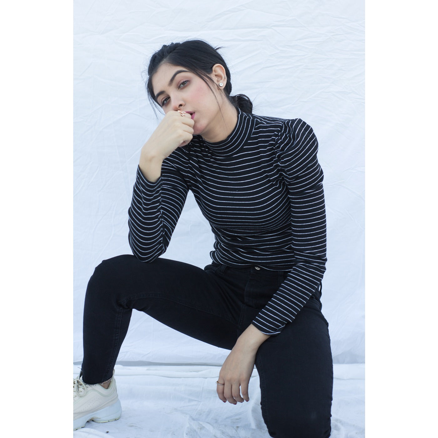 Black Stripes Puff Shoulder Turtleneck Top | Montivo Pakistan