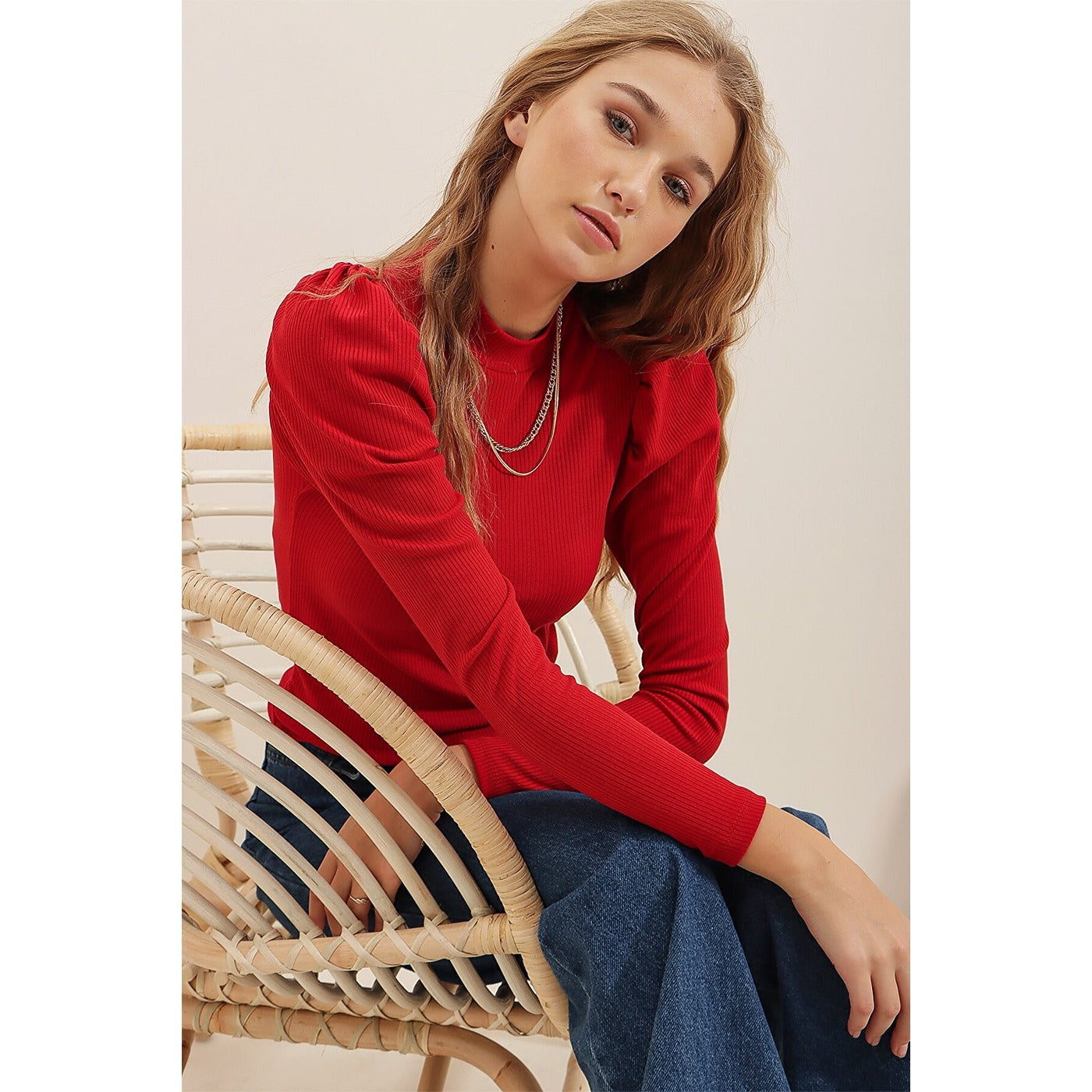Red Puff Shoulder Turtleneck Top | Montivo Pakistan