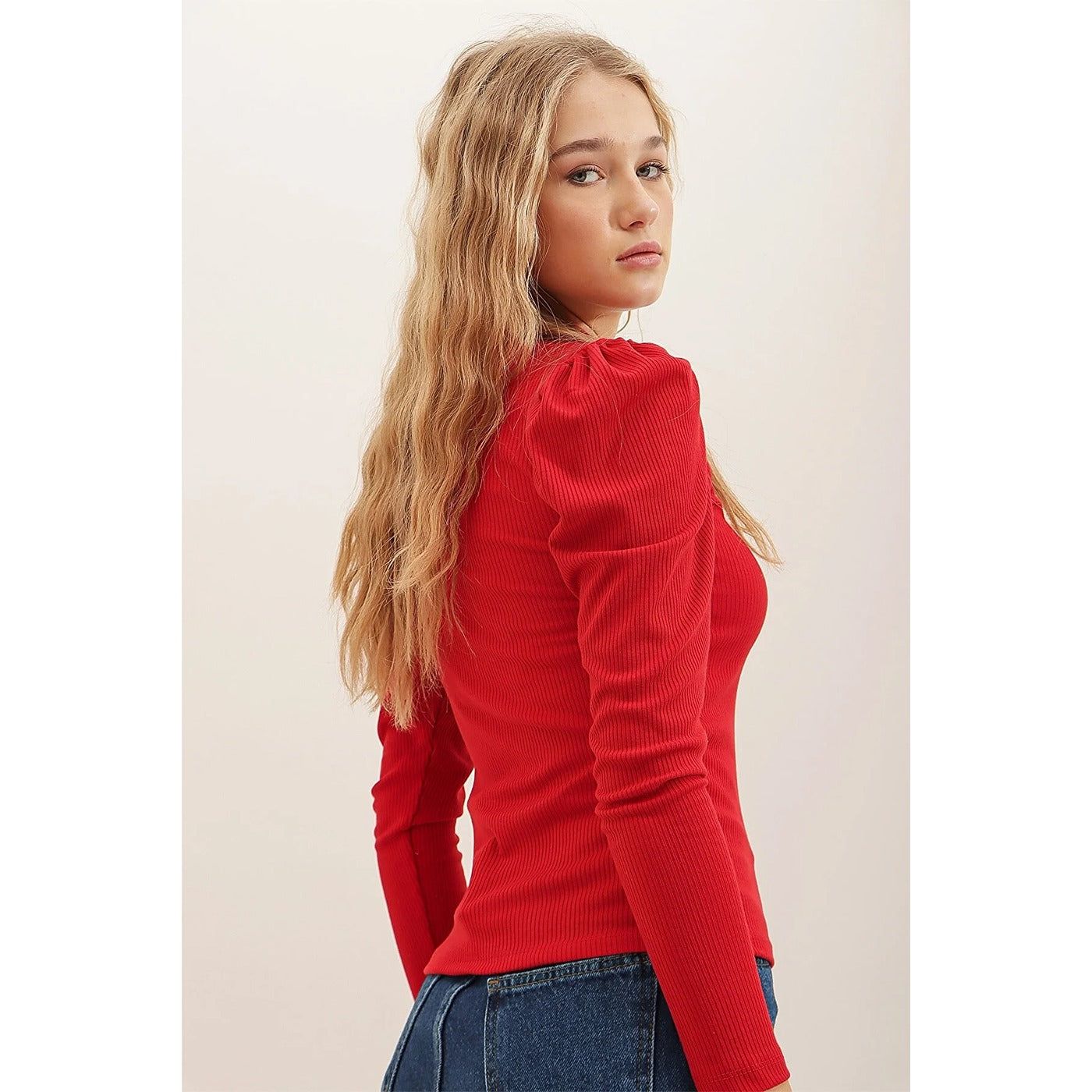 Red Puff Shoulder Turtleneck Top | Montivo Pakistan