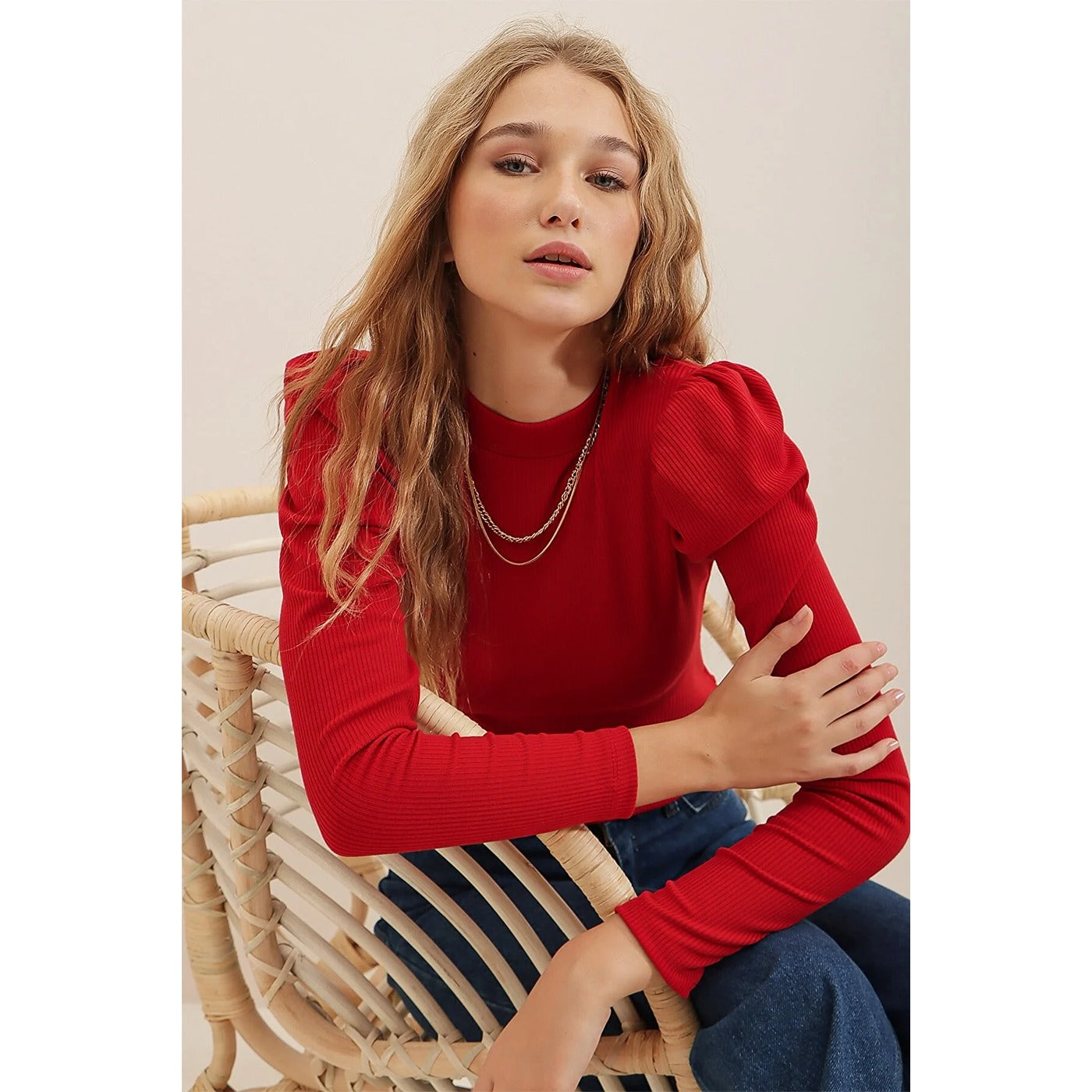 Red Puff Shoulder Turtleneck Top | Montivo Pakistan