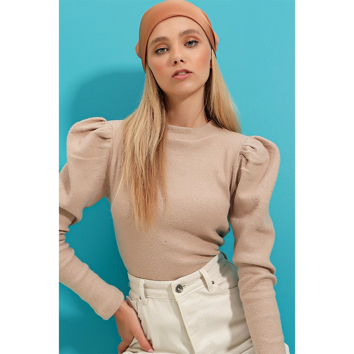 Beige Puff Shoulder Turtleneck Top | Montivo Pakistan