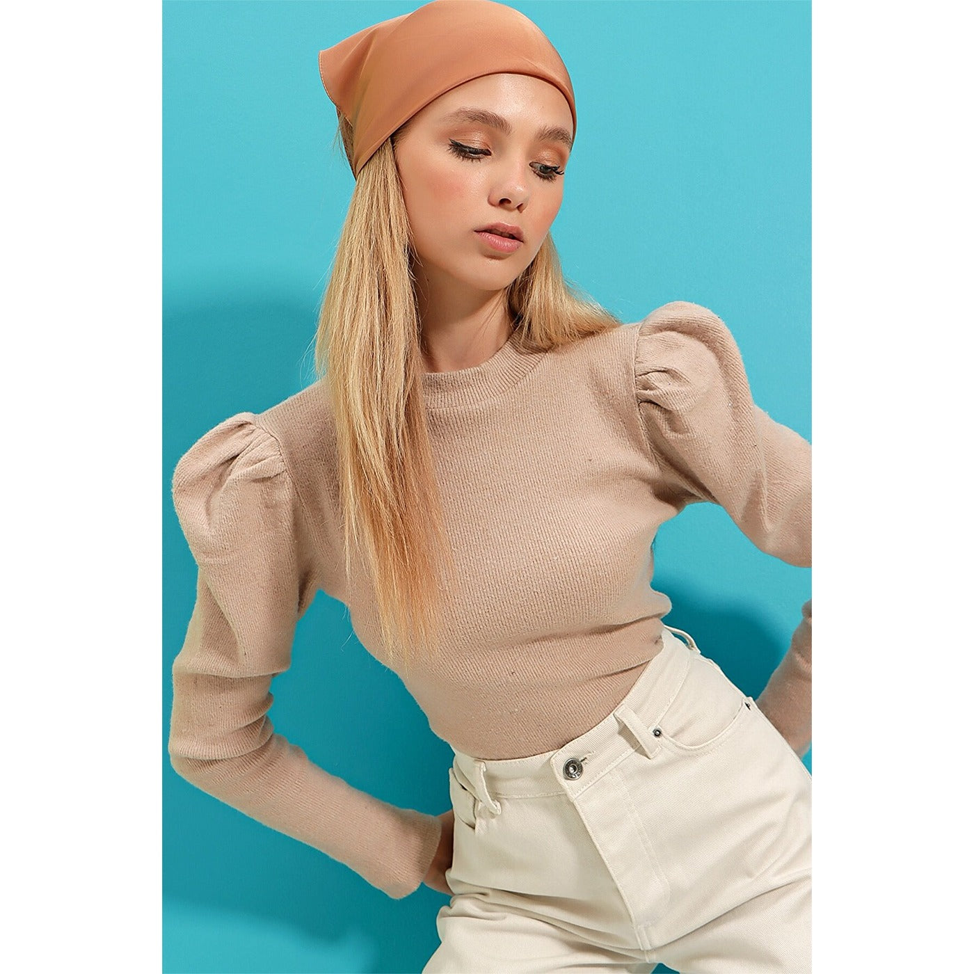 Beige Puff Shoulder Turtleneck Top | Montivo Pakistan