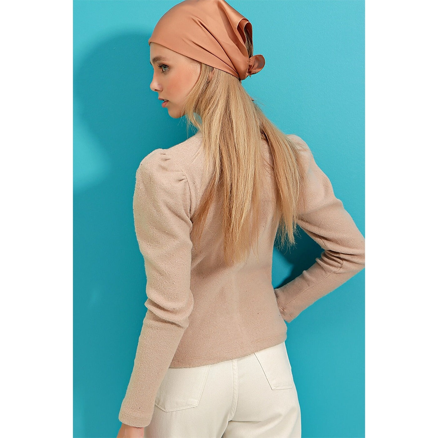 Beige Puff Shoulder Turtleneck Top | Montivo Pakistan